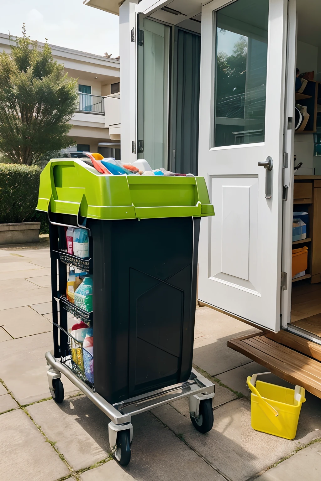 A futuristic shopping experience: A sleek, high-tech shopping cart glides effortlessly, overflowing with a carefully curated selection of household essentials. Vibrant bottles of detergents, gleaming cleaning products, and neatly stacked rolls of kitchen paper catch the eye, showcasing the convenience of home delivery. The cart proudly bears a message in bold letters: 'Seamless Convenience Delivered to Your Doorstep!' Let your imagination bring this vision to life.