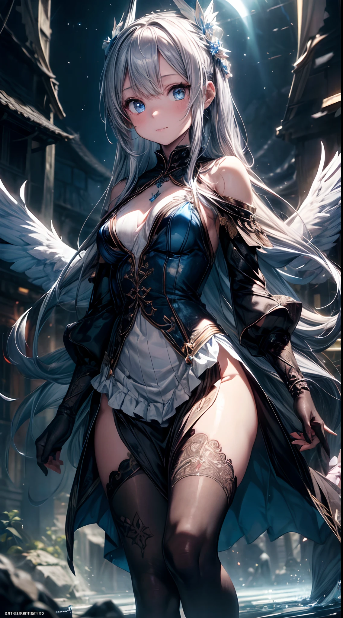 (((masterpiece))), (((best quality))), ((ultra-detailed)), (illustration), ((an extremely delicate and beautiful)),extremely detailed cg unity 8k wallpaper,(add_detail:1),emphasizing beautiful body lines,{{{{{long silver hair}}}}},dark Valkyrie girl,dark Valkyrie,  smile,blue would,
Small breasts, highlighter painting blue tattoo on body,highlighter painting blue tattoo on face,hime cutblunt bangs long hair,beautiful detailed hair,white hair,girl praying in the center of a palace, long silver hair, reflective hair, blue eyes, eyes shining like gems ,There are many swords suspended around, from the front, ,object refraction, ergonomics, correct
eyes are glowing blue,pale skin:1.6,wet oily skin,dark corruption,,OuterWorldAI,insanevoid, glowing eyes, extra eyes, horror \(theme\),upper body