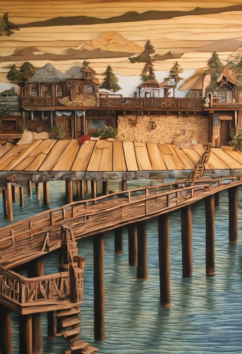 exquisite and detailed drawings, beautiful long wooden fishing pier with a seafood restaurant at the end, on the gulf coast of florida, sunny, island style, chill vibes, people fishing, people walking, HD, highly detailed, clean drawings, 2d, joy, good mood, happiness, a small unexpecteted whimsical magic element, 64K