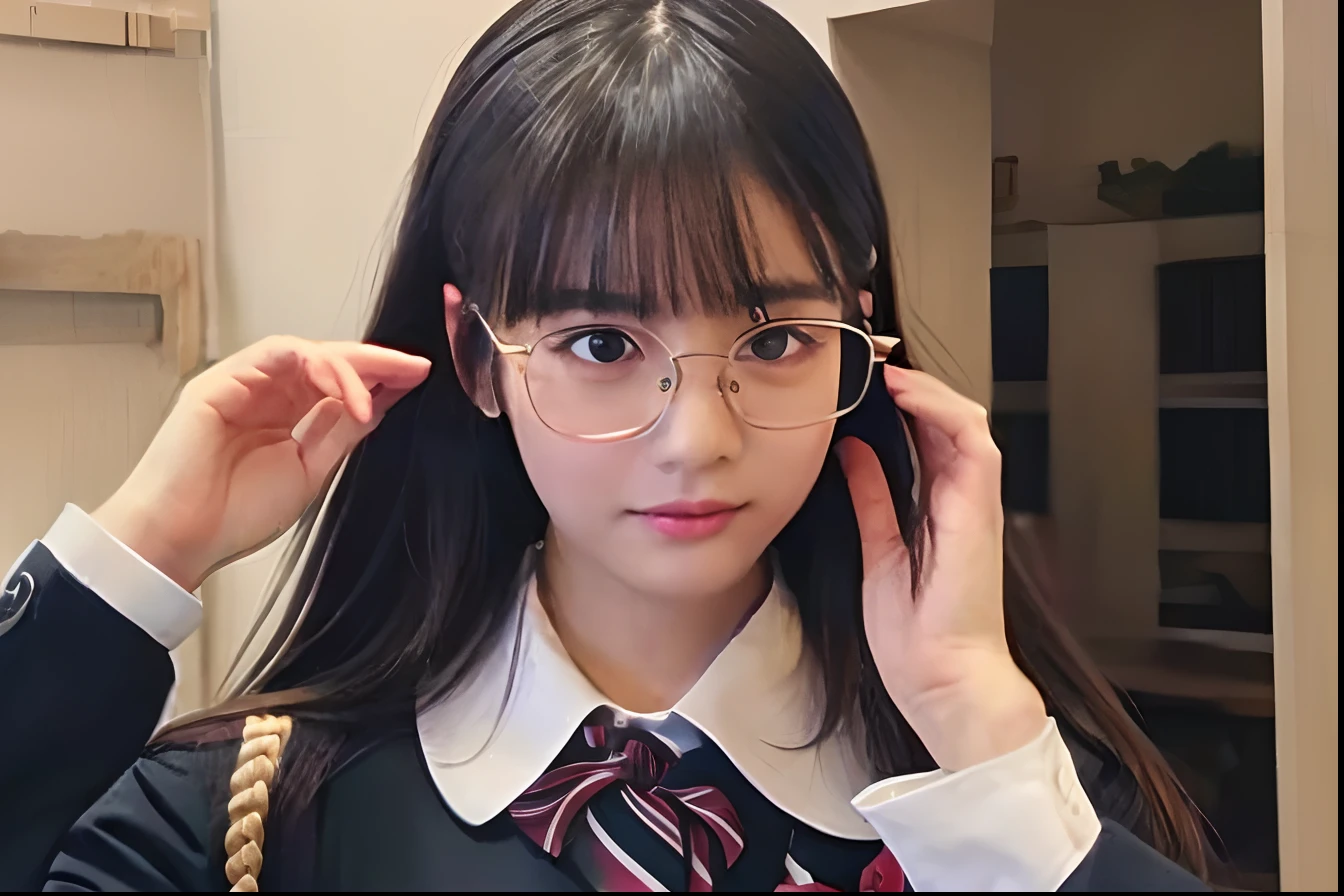 ulzzang -6500-v1.1, (Raw photo:1.2), (Photorealistic:1.4), Beautiful detailed girl, Very detailed eyes and face, Beautiful detailed eyes, Ridiculous, Incredibly ridiculous, Huge file size, High resolution, Very detailed, Best Quality, masutepiece, Kemomimi, (((JK school uniform)), Illustration, Very detailed, nffsw, unified, 8K Wallpaper, amazing, Fine details, masutepiece, Best Quality, Highly detailed ticker uniform 8K wallpaper, Light on Face, Cinematic lighting, 1girl in, sixteen years old, ((No bra)), ()), ((Dynamic Pose)), (Camel toe), (half), 校服、Young Face、Young look、Lori、a beauty girl、Lolita、hi-school girl、eye glass、Glasses Girl、Glasses Pose、The whole picture