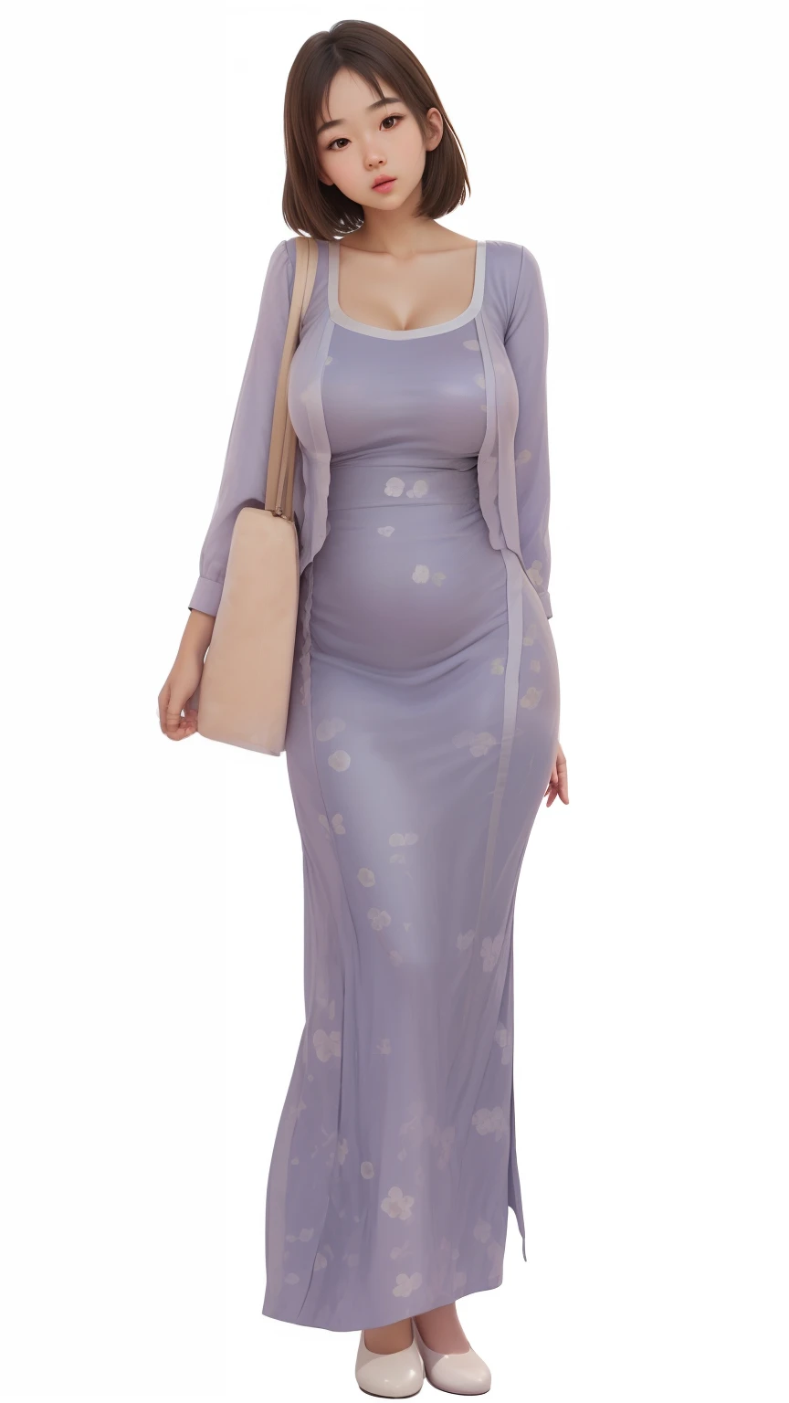 (best quality), big head, (1girl with gigantic breasts:1.3) Korean Girl, Pretty Lilac Blossom Dress , Beauty DressS, Girl with dress , stunning outfit , Short straight brown hair , Slingback , Flat Shoes , Fat girl , fat belly, Bodysuit, Hair blowing , White Pale Skin tone , Ultra HD , 8K