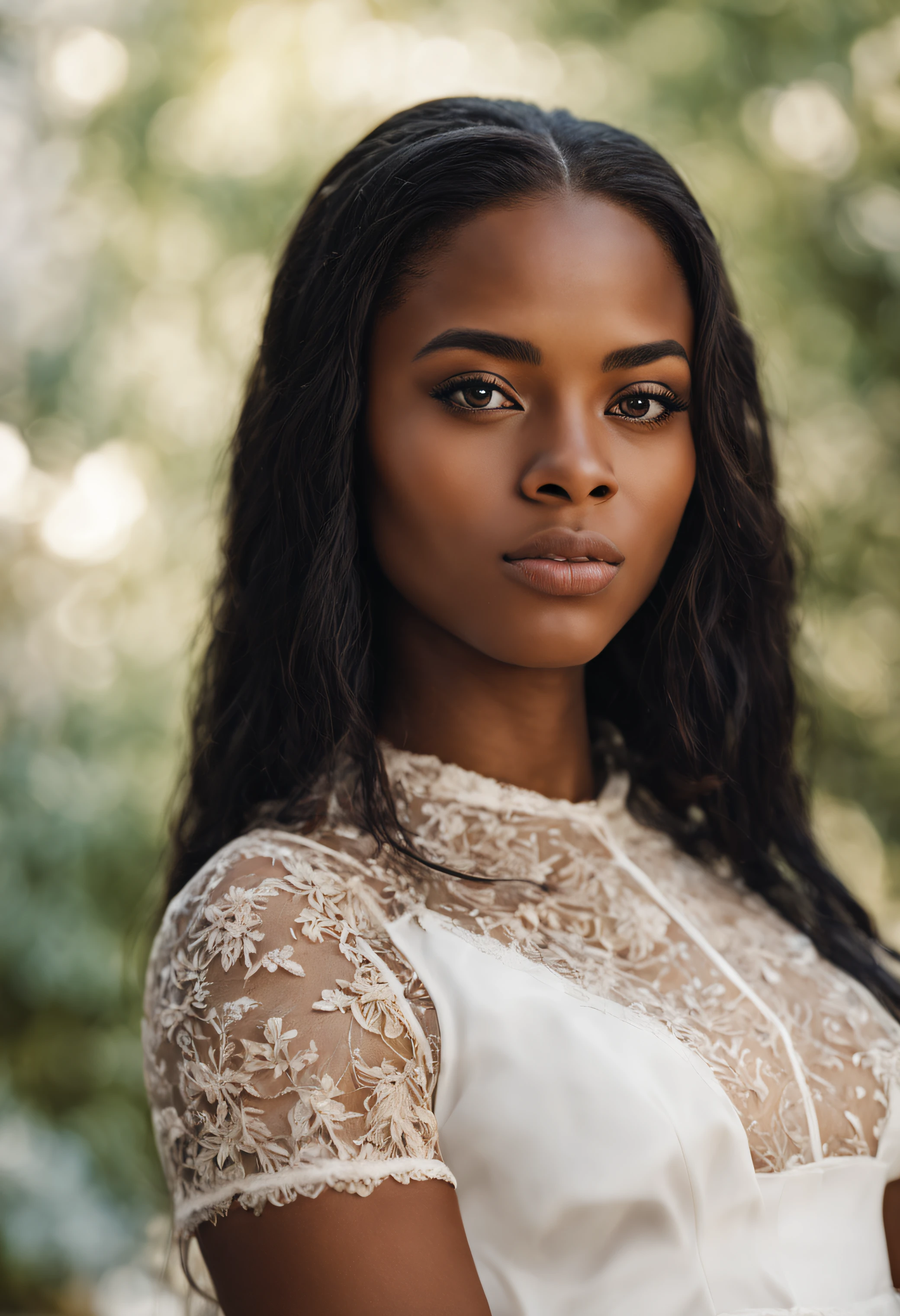 (half body portrait: 1.4) Raw UHD portrait of a 21-year-old black american woman named stacy, long black hair, brown eyes, feminine features, dslr, ultra quality, sharp focus, tack, sharp, film grain, fuji film XT3, detailed skin pore, oiled skin, tan, intricate eye detail, white dress