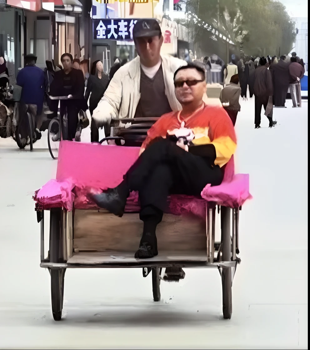 There was a man sitting on a cart,A woman sits on it, chinese artist, author:vivy, ancient mongolian elon musk, viral photo, Viral image, inspired by Ding Yunpeng, trending photo, 🕹️ 😎 🚬, 🕹️ 😎 🔫 🤖 🚬, profile photo, video still, 9gag, inspired by Weiwei