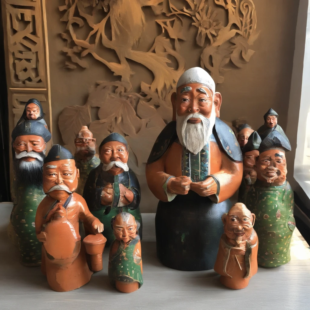 On the Chinese kang is a bunch of clay pots，An old man sits on the kang，The eyes of missing their children