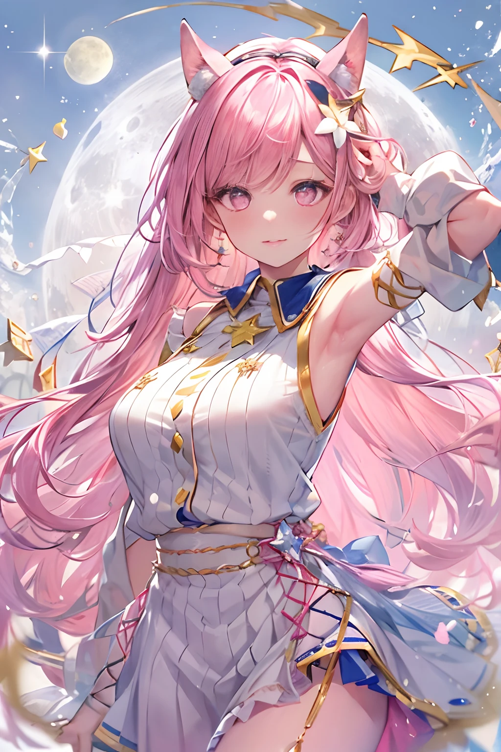 (((tmasterpiece)))、(((top-quality)))、((ultra - detailed))、(illustratio)、((Extremely Delicately Beautiful))、Bright smile、Floating、A pink-haired、(Detailed light) (1girl in)、独奏、long whitr hair、The wind is blowing、A WORLD、(adorable eyes)、Realistic, ultra - detailed, (Shiny skin,), view the viewer, Slender, Solo, Miniskirt, Long hair, Pink hair, Pink eyes, (Thick thighs:0.5), Dynamic lighting, high resolution, Sharp focus, depth of fields, Medium breasts, masutepiece, Best quality, Ultra-detailed, illustration, Ultra-detailed face, best quality face, Adult,, 18 years old, Adult, intricate outfits, Sexy pose, Sparkling pink sailor suit, Cute, kawaii,, finely quality eyes, Blushing, Red cheeks, Realistic, Glowing eyes, fluffy sweater, Skirt, parted lip, Blush, Night, Cute, , finely quality eyes, Embarrassed expression, Long_Hair, Blushing, Moon, Star_\(skyporn\), starrysky_skyporn, full_Moon, Photorealistic, Asian, woman, mix4