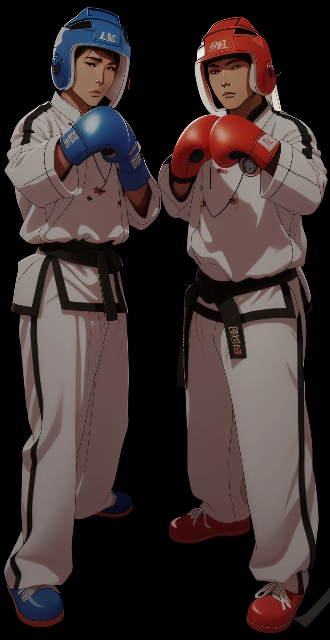 Estilo desenho anime, nijji, Two people in white uniforms are standing next to each other, Sparring, combate corpo a corpo, Gunwoo Kim e J.Dickenson, tomada em 2 0 2 0, Postura de luta, Confronto-se num duelo, Preparando-se para lutar, Kickboxing, vistas laterais frontais completas, inspirado em Liao Chi-chun, Lutadores, artes marciais, em uma postura de luta