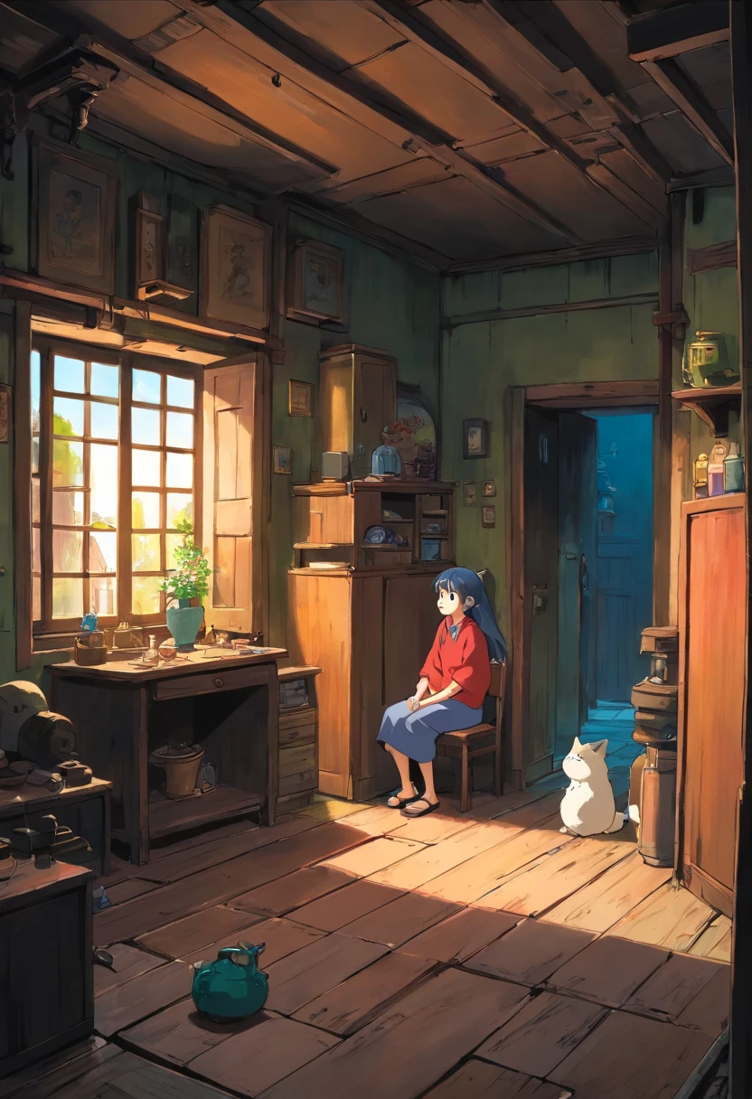Depressing colors, a bot siting in a corner in a rundown house while parents are arguing in the background use black colors