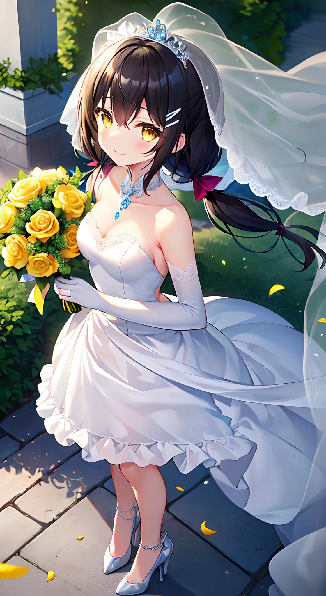 (top-quality)、(​masterpiece)、(ultra-detailliert)、Beautiful girl alone、15yo student、cute little、(A dark-haired:1.6)、(Longhaire:1.4)、((low twintails:1.3))、(A smile)、Mouth open、(yellow  eyes)、Clearing the eyes、drooing eyes、Yellow hair tie、Teary-eyed、medium breasts、Slender feet、(natural soft light)、(Standing:1.2)、petals dancing in the wind、plein air、Daytime、Yellow flower garden、blue-sky、Have a bouquet、Princess Line Wedding Dresses、see-through frill、Strapless、elbow gloves、(Bridal Hair Accessories)、Red low heels、Fulll body Shot、dynamicposes