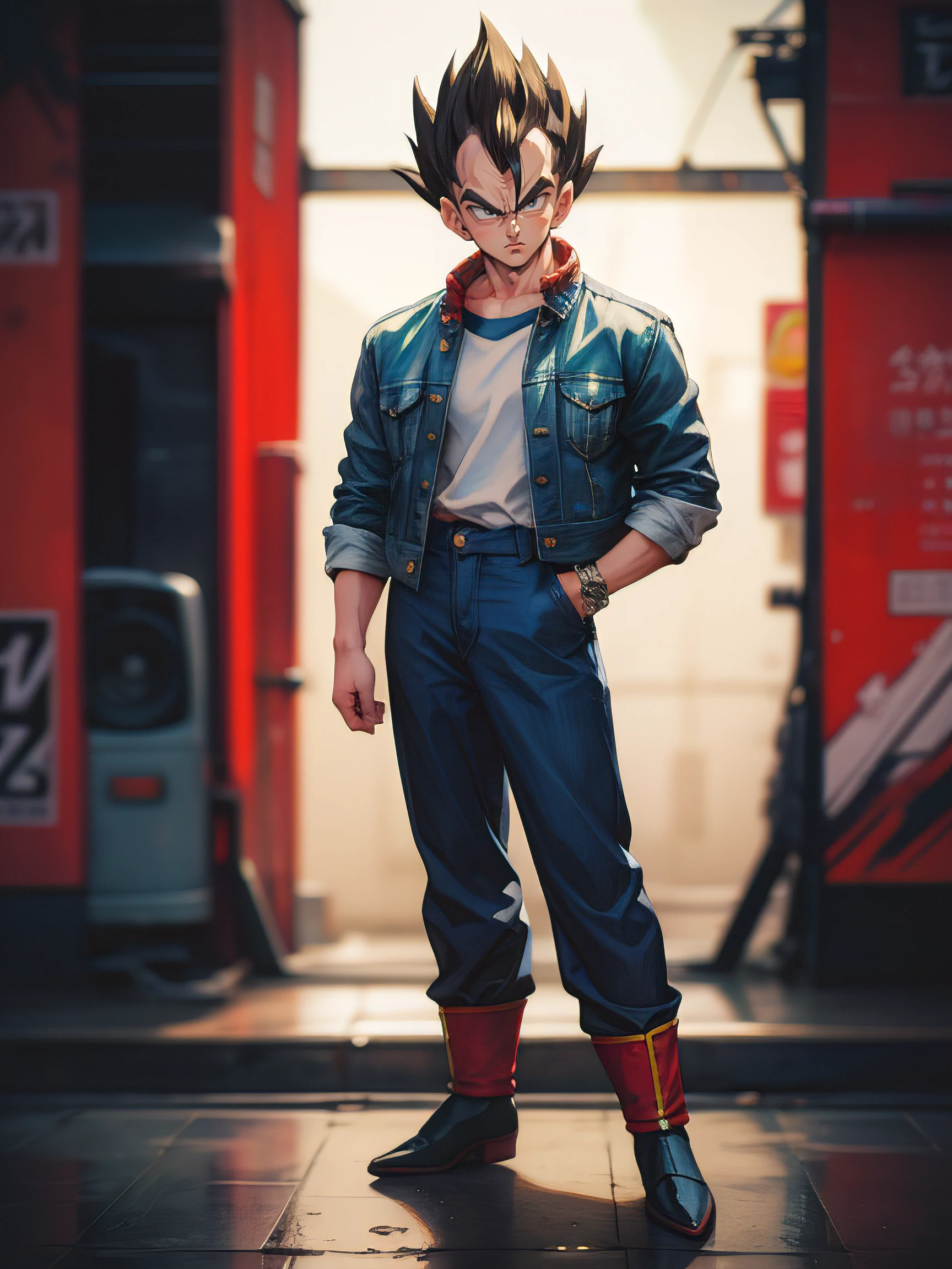 1man, solo, (masterpiece), best quality, ultra-detailed, Vegeta from Dragon Ball Z, Retro style, full body. fashion cloth, jean jacket, fancy.