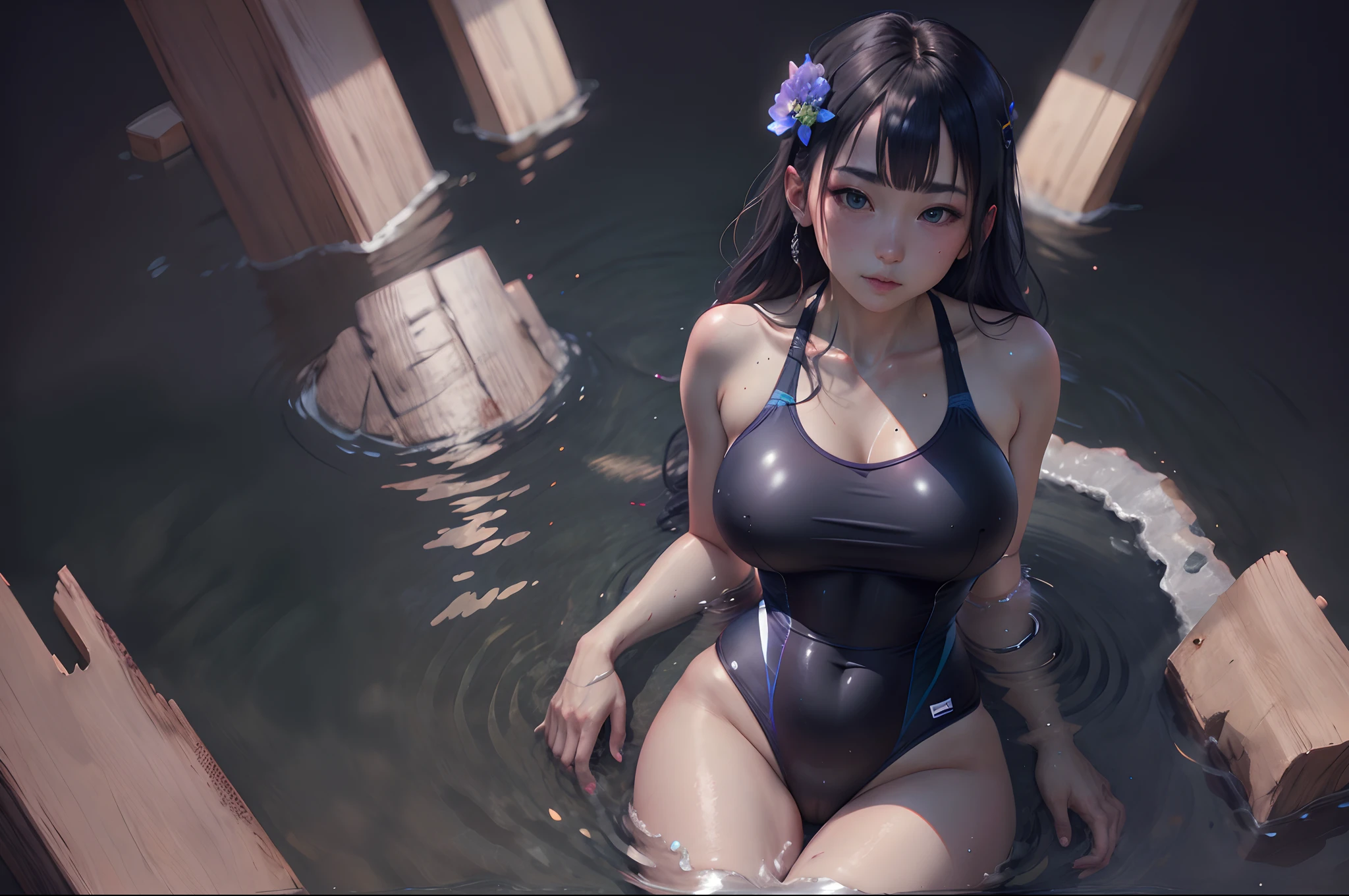Yoshiko sits in a swimsuit
