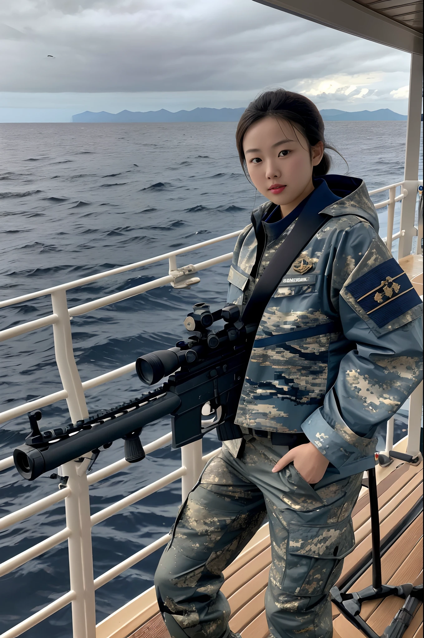 [((on ship deck,erjie,1girl,Blue camouflage jacket and pants, alert,holding rifle,Aiming and shooting,from everywhere))],
masterpiece,highres, highest quality,intricate detail,best texture,realistic,8k,soft light,perfect shadow,
sea,sunny,cloudy,wind,wet, 
Age Of Wind,naval battle,conflict,bombard.firing,smoking,