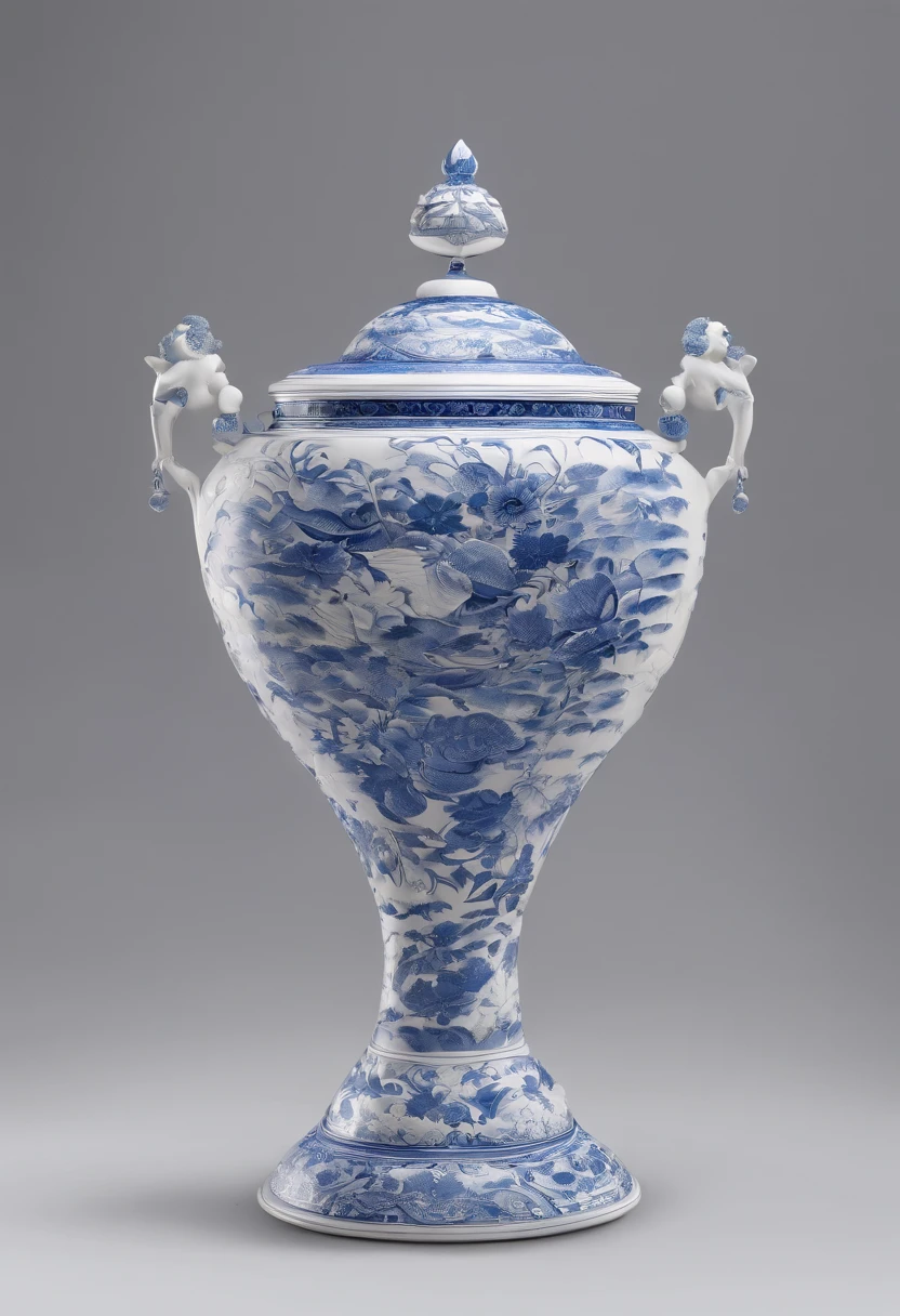 Blue and white porcelain,Ceramic material,Chinese gluttony,Ornaments,Three-dimensional sculpture,artwork of a,High detail,3D,Chiaroscuro, Cinematic lighting, god light, Cinematic lighting, hyper HD, High details, Best quality, A high resolution, Textured skin