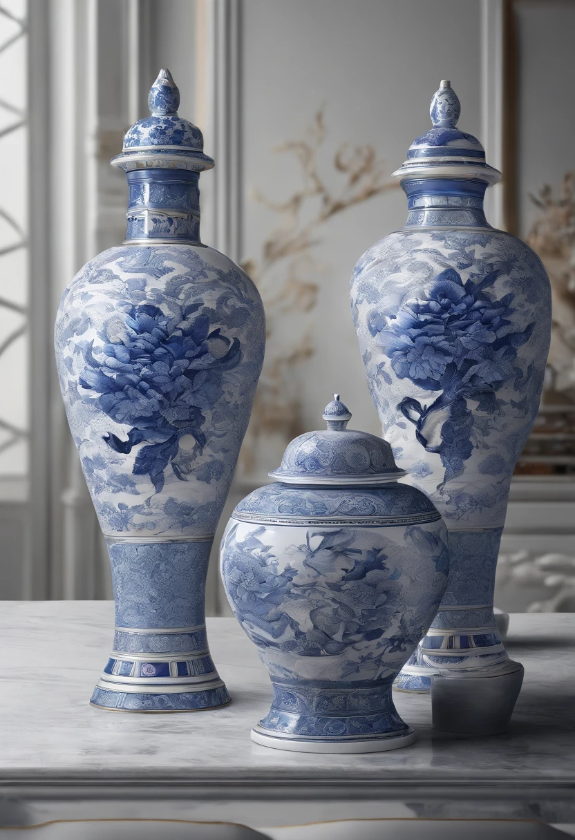 Blue and white porcelain,Ceramic material,Quadripartite vase,Embossed petals,artwork of a,Ornaments, high detail,3D, Chiaroscuro, Cinematic lighting, god light, Cinematic lighting, hyper HD, High details, Best quality, A high resolution, Textured skin