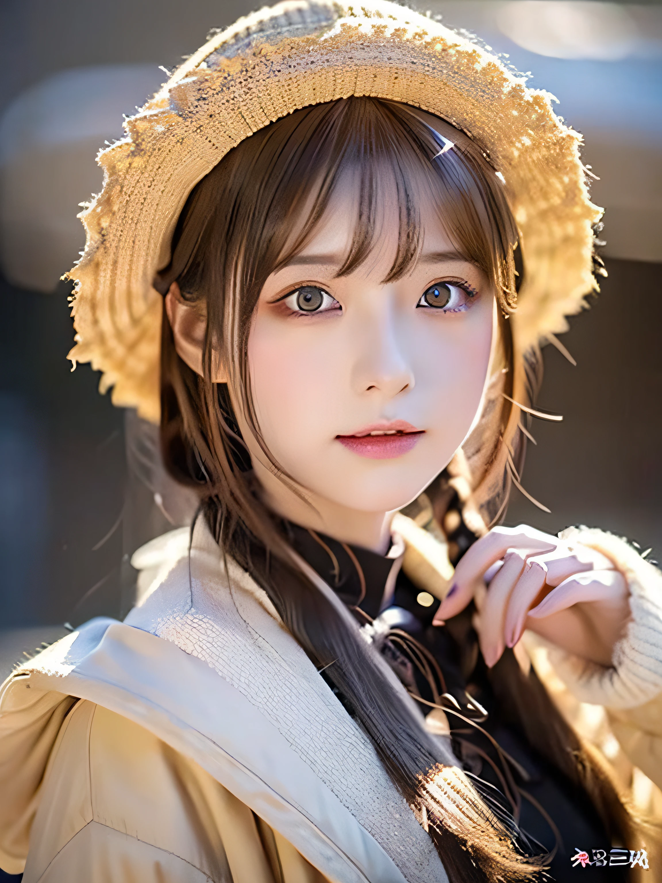 Starry eyes, It looks even more beautiful than immortal, Ahoge, hair, star-shaped pupils, Amber eyes, colored contact lenses, blush, high detailing, Anime, romanticism, Modern, Gothic art, Anime style, Film Lighting, Ray tracing, Motionry, close-up, Sony FE GM, nffsw, high detailing, of the highest quality, 8K, Big breasts, light brown hair, hat, Twin-tailed, Clean fingers, Well-formed fingers, Long jacket, bow ribbon, mystery, knit hat, Snow, irate, impatience