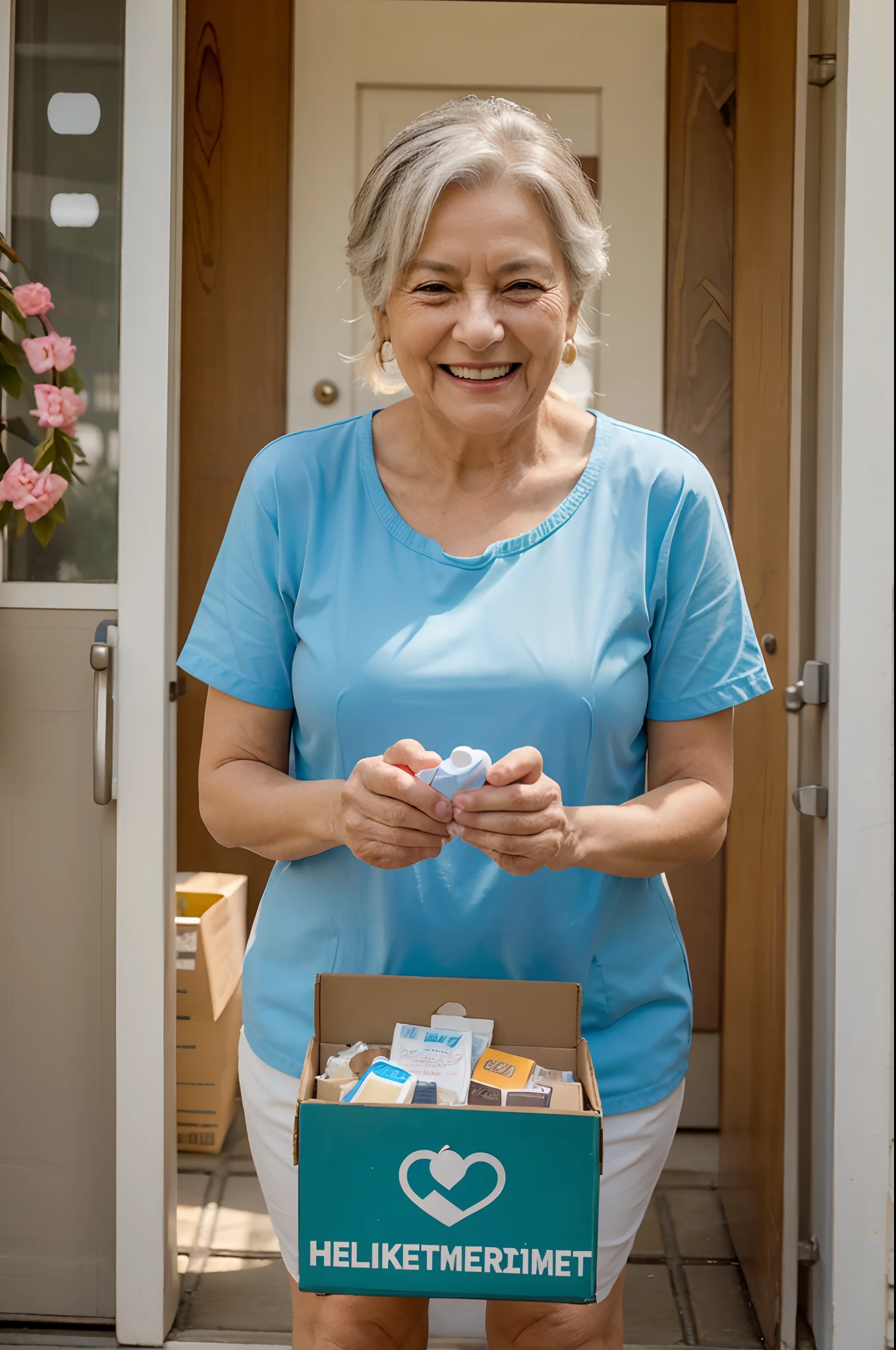 Create a heartwarming image of a senior citizen radiating joy as they receive a package of medicines from a kind-hearted delivery person