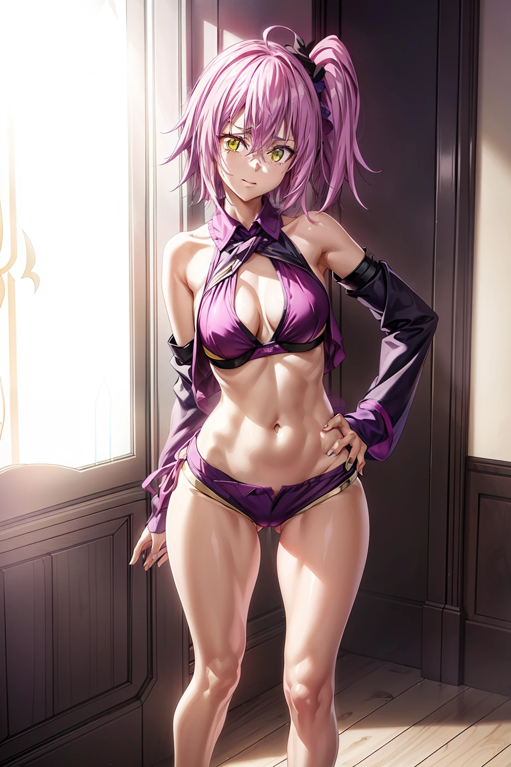 1 de um anime com cabelo roxo, no quarto, 1girl, soio, ((sadistic)), olhos amarelos, Purpose, cabelo rosa, olhando para mim, ((Censura)), ((Lastly)), wearing a short bikini , Rabo de cavalo do lado direito, (((pernas tonificadas))), coxas musculosas espessas, cintura fina, barriga musculosa, Hands on hips, barefoot, 8k, ultra realistic