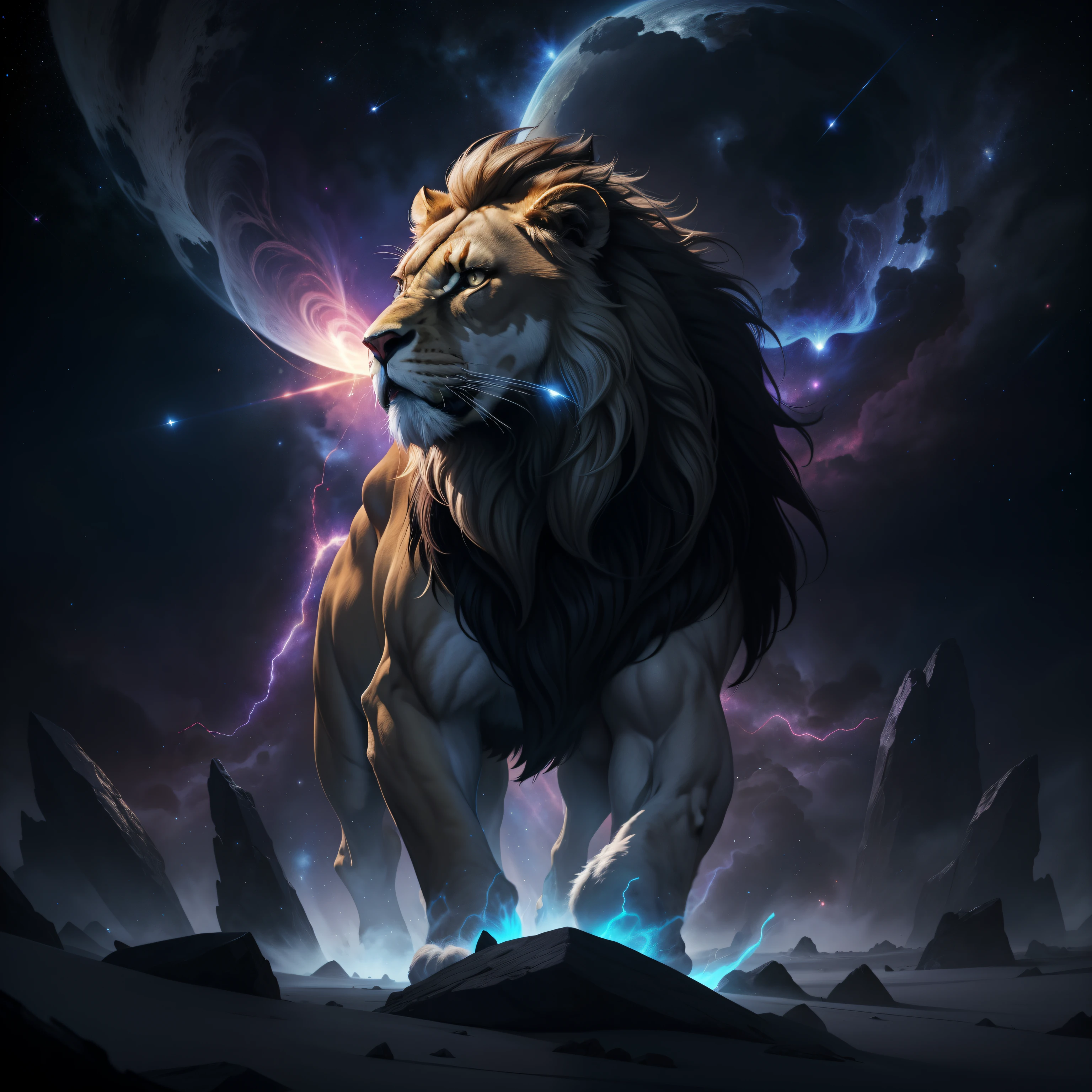 Leonus, Star Eater, cosmic, lion, white dust cloud, cosmic rays, piercing eyes, devouring planets, imposing, frightening, undulating coat of stars, sharp claws like comets, deafening stellar roar, pulsating cosmic energy, sinister glow in the eyes, insatiable hunger for planets, clouds of white dust in constant motion, colossal size, dominant and terrifying presence, menacing aura, vortices of cosmic energy around the body, flaming manes like stellar flames, bright constellations in the fur, dark and mysterious appearance, celestial fury, immeasurable force, cosmic destruction, defiance to the balance of the universe, symbol of stellar annihilation, universal fear, intergalactic predator, celestial shadows, devouring cosmic essence, astral voracity, evil radiance, elegant and deadly movements, silent and inexorable threat, celestial body in the shape of a lion, avenger of the cosmos, transcending the limits of existence, called the distant stars.
These updated parameters reflect the cosmic lion, Leonus, with its white dust cloud body, giving it an albino and mysterious appearance.