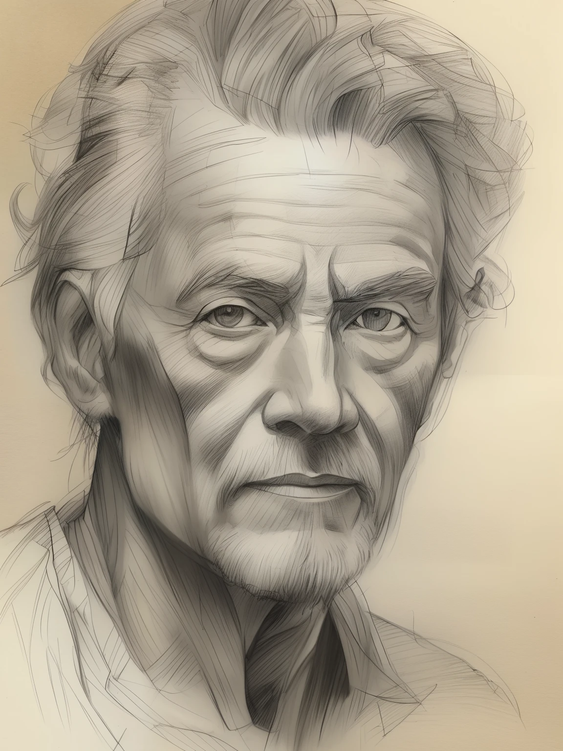 painting of a man, realistic sketch, hyperrealistic sketch, detailed pencil sketch, Pencil sketch, realistic digital drawing, detailed sketch drawing, highly detailed portrait, detailed 4 k drawing, pencil drawing, highly detailed sketch, Realistic drawing, extremely detailed portrait, detailed but rough, pencil drawing illustration, realism drawing, detailed sketch, sketch art,((High quality, Masterpiece:1.4)), 1 man, ((Upper body)), Portrait sketch, Messy drawings, Messy charcoal spots, Unfinished sketch, A sketchbook of a 42-year-old man，Painting in charcoal style, Sketchbook drawing, sketchbook, Beautiful hair, Pale skin，Wrinkles，Elderly，short detailed hair，There are blue eyes that are too deep to see，
Thin lips，Clear lip line。The face is well defined，
The chin is firm and powerful，Wearing a white dress, ((Paper material background)), Realistic charcoal line, Imperfect drawing, Charcoal shavings, Charcoal production line, imperfections, Doctor in white dress, , Realistic