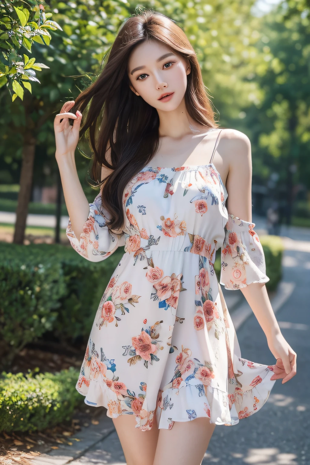 ((Best quality, 8K, Masterpiece: 1.3)), 1girll, Slender beauty: 1.3, (Long hair: 1.2), Floral dress, Long legs: 1.1, Super fine face, Fine eyes, Double eyelids, En plein air
