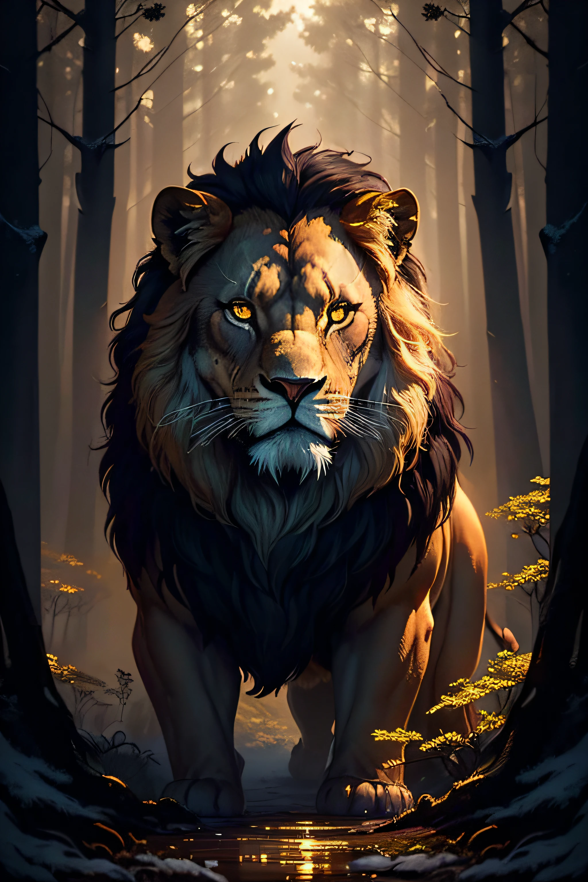 "((masterpiece)) Lion in the ((foggy)) ,((magical dark forest :1.2))at late dusk time, with ((strong dark shadows recommended for scene:1.2)), a glowing magical lion,golden glowing flowers ,((glowing butterfly )), beautiful magical style, golden water reflection,fierce, concept art, digital painting."