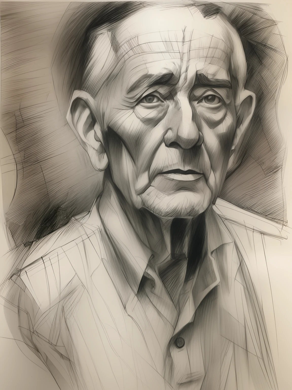 painting of a man, realistic sketch, hyperrealistic sketch, detailed pencil sketch, Pencil sketch, realistic digital drawing, detailed sketch drawing, highly detailed portrait, detailed 4 k drawing, pencil drawing, highly detailed sketch, Realistic drawing, extremely detailed portrait, detailed but rough, pencil drawing illustration, realism drawing, detailed sketch, sketch art,((High quality, Masterpiece:1.4)), 1 man, ((Upper body)), Portrait sketch, Messy drawings, Messy charcoal spots, Unfinished sketch, A sketchbook for a 65-year-old man，Painting in charcoal style, Sketchbook drawing, sketchbook,wrinkles，Seniors fine hair,Thinning and graying hair。The face is cold and serious，roman nose，Strong body，Green eyes sharp((Paper material background)), Realistic charcoal line, Imperfect drawing, Charcoal shavings, Charcoal production line, imperfections, In black suit , Realistic