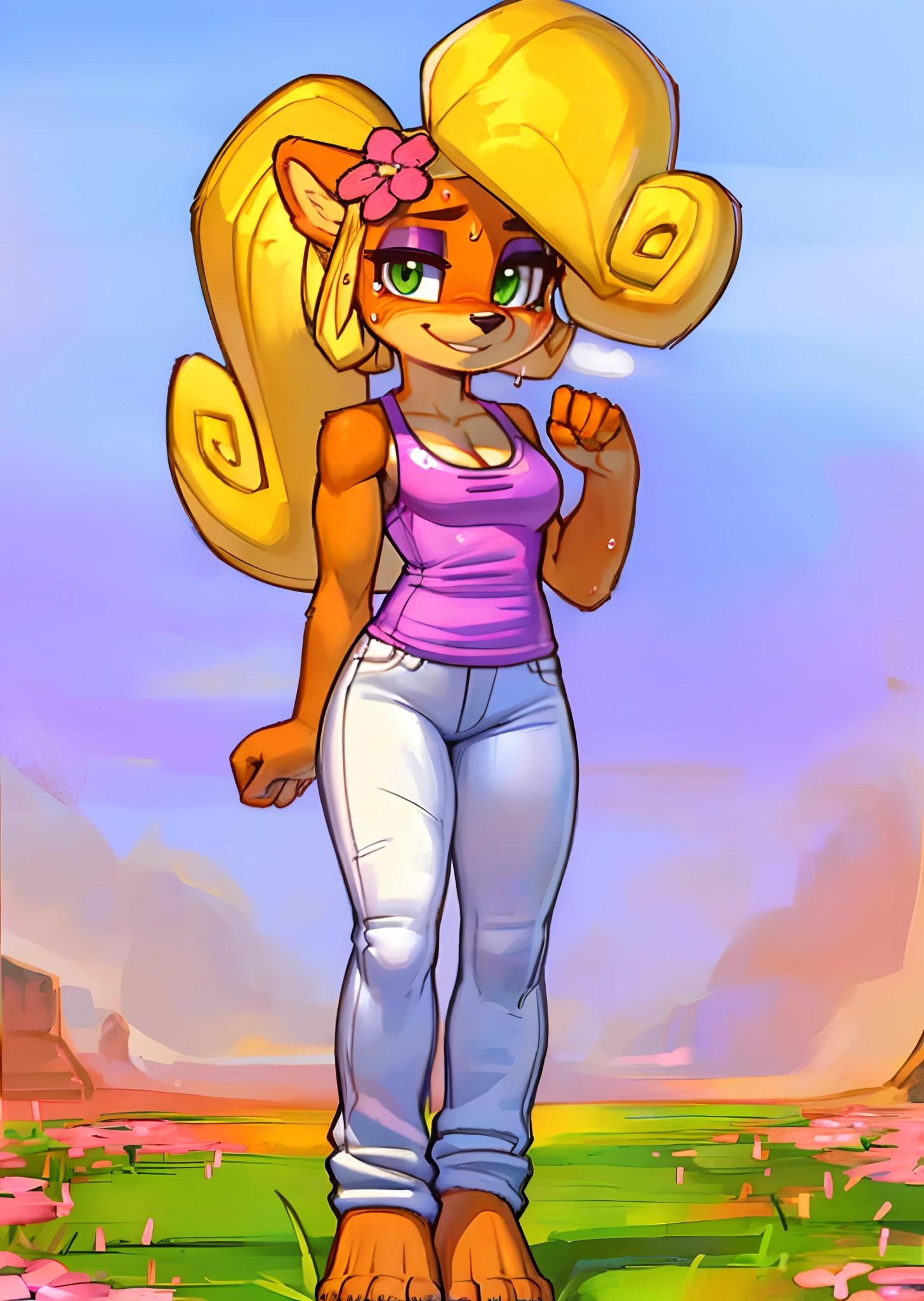 [Coco bandicoot], [Uploaded to e621.net; (Pixelsketcher), (wamudraws)], ((masterpiece)), ((high quality)), ((HD)), ((solo portrait)), ((full body)), ((front view)), ((furry; anthro)), ((detailed fur)), ((detailed shading)), ((beautiful render art)), ((feet visible)), ((intricate details)), {anthro; (slim figure), orange fur, black nose, (cute half-closed green eyes), (purple eyeshadow), (sweat on face), long blonde curly hair, (curly ponytail), (curly bang), (defined muscles), (beautiful legs), (beautiful feet), (smug grin)}, {(pink tank top), (cleavage), (tight white skinny jeans), (pink flower in hair)}, {(on grass), (standing), (looking at viewer)}, [background; (country fields), (orange sky), (sun rays)]