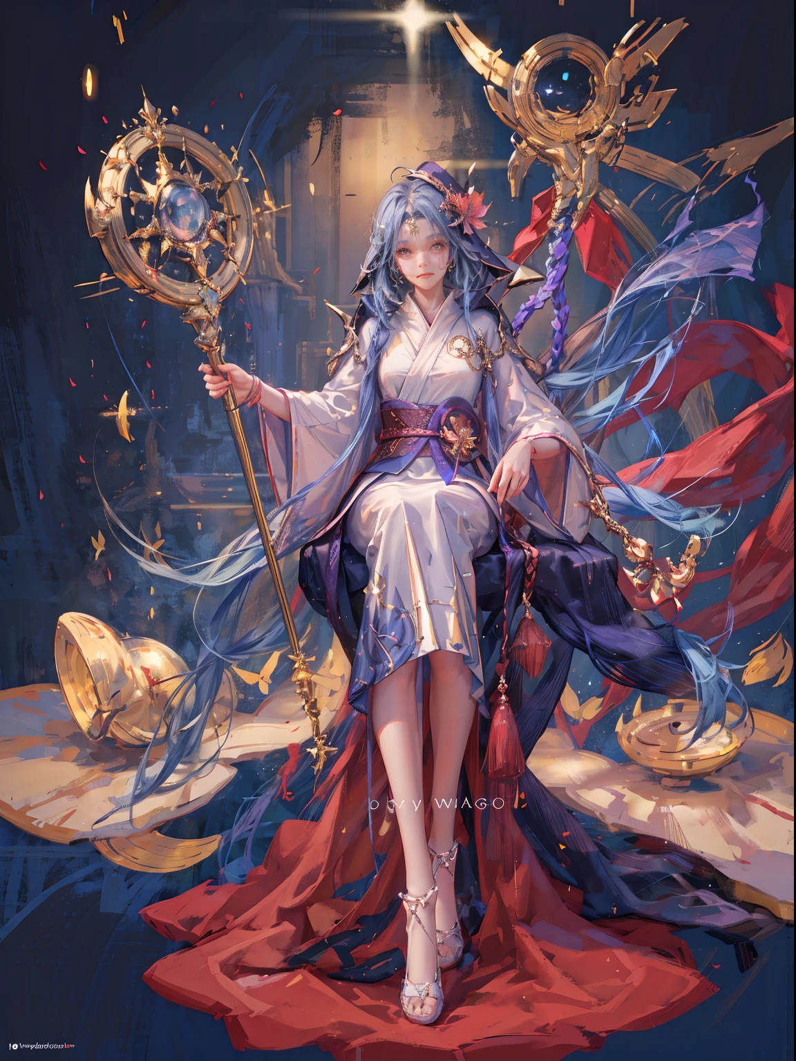 anime, cute girl, solo, wizard hat, robe, holding ancient staff, happy, magic circle, midnight, bloom, ambient occlusion, glowing lights, light particles, bokeh