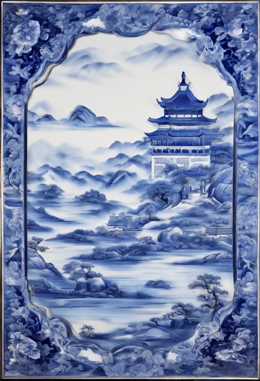 Blue and white porcelain,Ceramic material,Chinese landscape painting,Porcelain plate painting,,artwork of a,High detail,3D,Chiaroscuro, Cinematic lighting, god light, Cinematic lighting, hyper HD, High details, Best quality, A high resolution, Textured skin