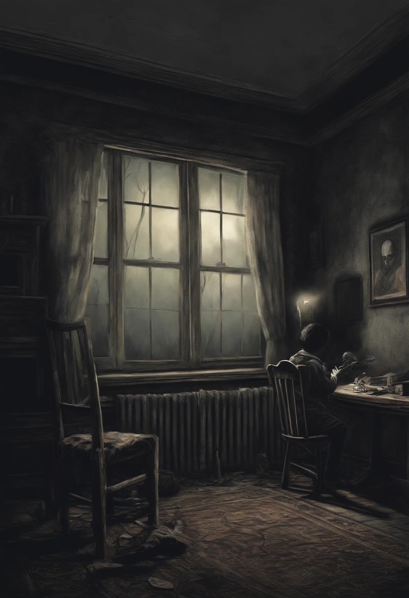Realistic, masterpiece, highly detailed, cozy atmosphere, natural lighting,, well detailed (vibrant colours), 1 little boy sitting in a corner of a house while parents are arguing and he's watching and crying.