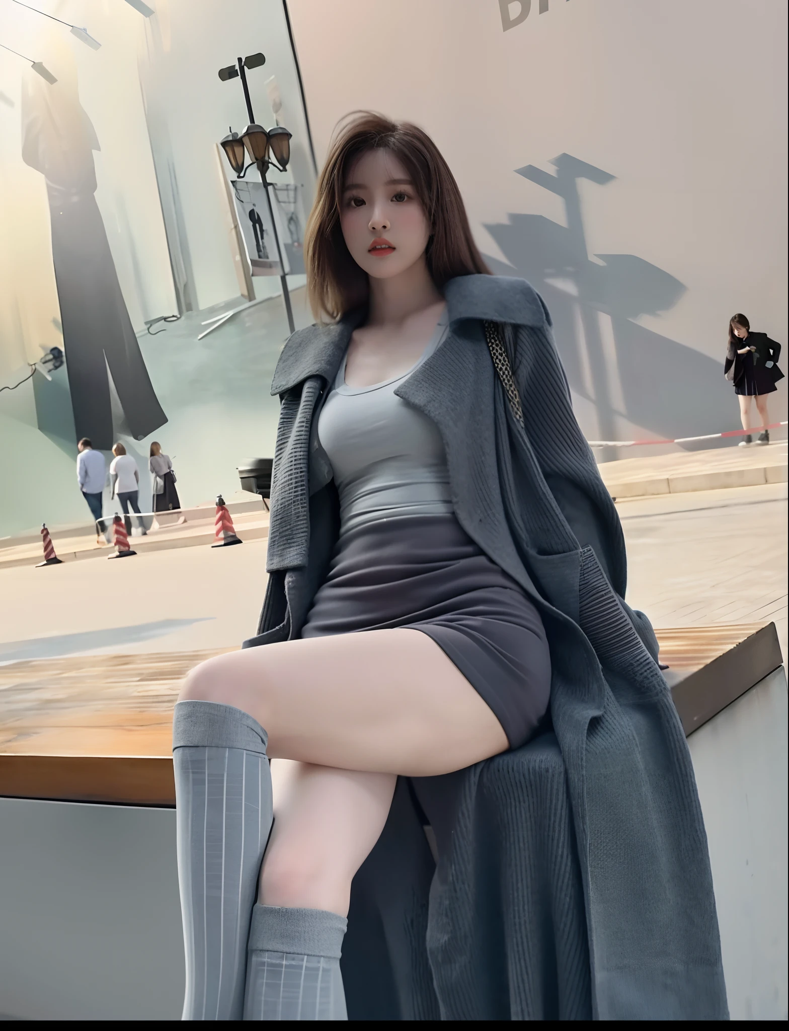 Araki woman sitting on bench in a gray dress and coat, korean women's fashion model, dressed with long fluent clothes, Korean girl, Gorgeous young Korean woman, short skirt and a long jacket, full-body xianxia, beautiful Korean women, Korean woman, wearing tight simple clothes, Good hips and long legs, skinny waist and thick hips