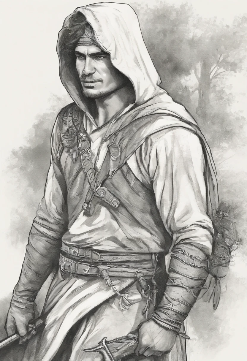 jovem adolescente, com cabelos pretos,com brinco na orelha, Wearing a black hooded t-shirt with two swords in his hands. The illustration is in high definition in 4k resolution, com recursos faciais altamente detalhados e visuais em estilo cartoon