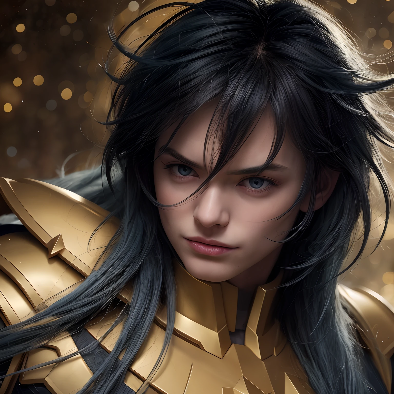 cinemactic, incrivelmente detalhado e ultrarrealista, Camus of Aquarrius Saint Seiya. Close up. He's wearing pretty realistic golden armor. Armadura dourada brilhante. ((Bright golden armor)). Armadura com brilho natural. Octane is the perfect tool to capture the softest details of this 16k photography masterpiece. He is a handsome white man about ((40 years)) old. 1 homen. ((French man)). beautiful face. Rosto detalhado. Nariz bonito. Nariz fino e alongado. (Olhos azuis muito grandes). olhos perfeitos. ((depilado)). Strong expression. He has long ((blue)) hair. messy hair with bangs. messy hair. Pelas de rosas flutuando em torno ele. Landscape starry sky.