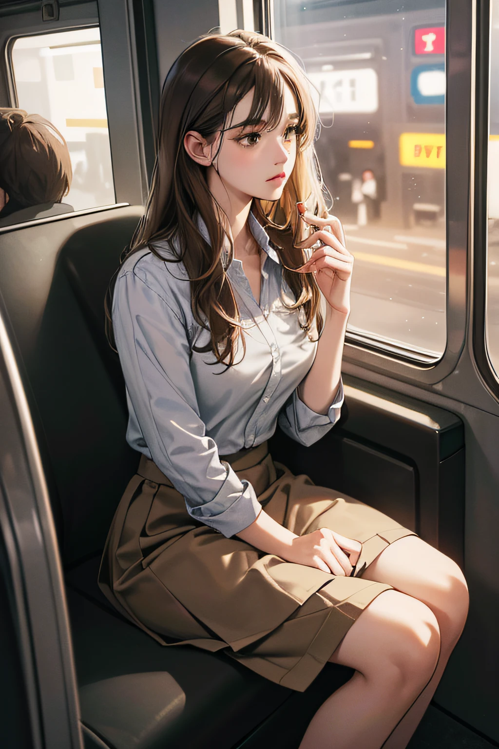 (best quality digital art, high resolution 4K digital illustration, Beautiful image, hyper-detailed image, perfect lines, soft lighting, wallpaper) (1:1 photorealistic) (cool gray colors hdr) a 31 year old woman, brown hair, brown eyes, tired expression, suit and plain skirt, sitting in a subway car at night