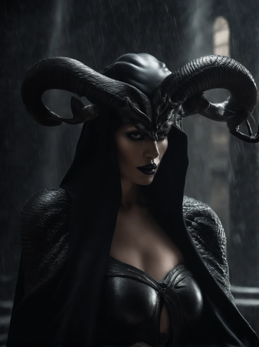realistic dark, surreal, beautiful exotic demon woman with large ram horns and a batman-style mask, large breasts wearing an open long black latex robe showing her nude body underneath, medusa, snake woman, giger, scary aesthetic, nightmare, windy, RAINSTORM, LIGHTNING, giger, necronomicon, visceral,nightmare,imagination,fantastical,dramatic,dark tones,paranormal,surreal juxtaposition,cosmic horror,horror, realistic detailed, film noir,