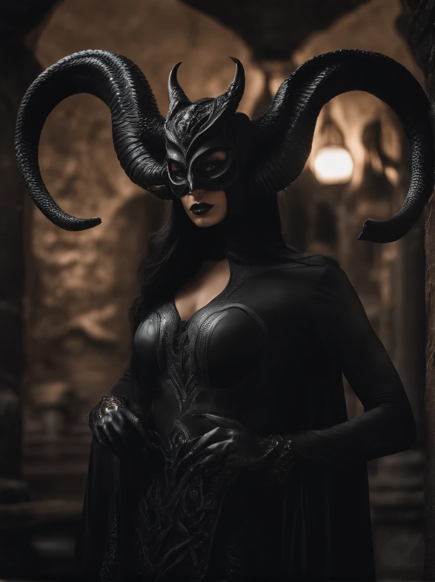 realistic dark, surreal, beautiful exotic demon woman with large ram horns and a batman-style mask, large breasts wearing an open long black latex robe showing her nude body underneath, medusa, snake woman, giger, scary aesthetic, nightmare, windy, RAINSTORM, LIGHTNING, giger, necronomicon, visceral,nightmare,imagination,fantastical,dramatic,dark tones,paranormal,surreal juxtaposition,cosmic horror,horror, realistic detailed, film noir,