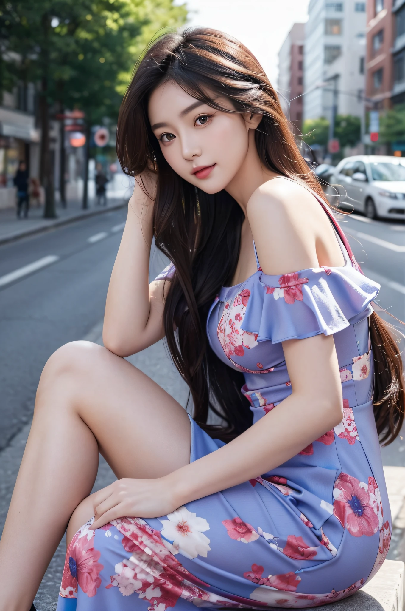 ((best qualtiy,8K,tmasterpiece:1.3)),,Beautiful Women with Perfect Figure:1.4,glute:1.2,(Layered long hairstyle:1.2)),(the street:1.3),Highly Detailed Face and Skin Textur,full bodyesbian,Elaborate Eyes,二重まぶた,Whitens the skin,Cute Korean beauty(with a round face:1.5),(red colour、blue colors、purpleish color、Long floral dress:1.6)ssmile