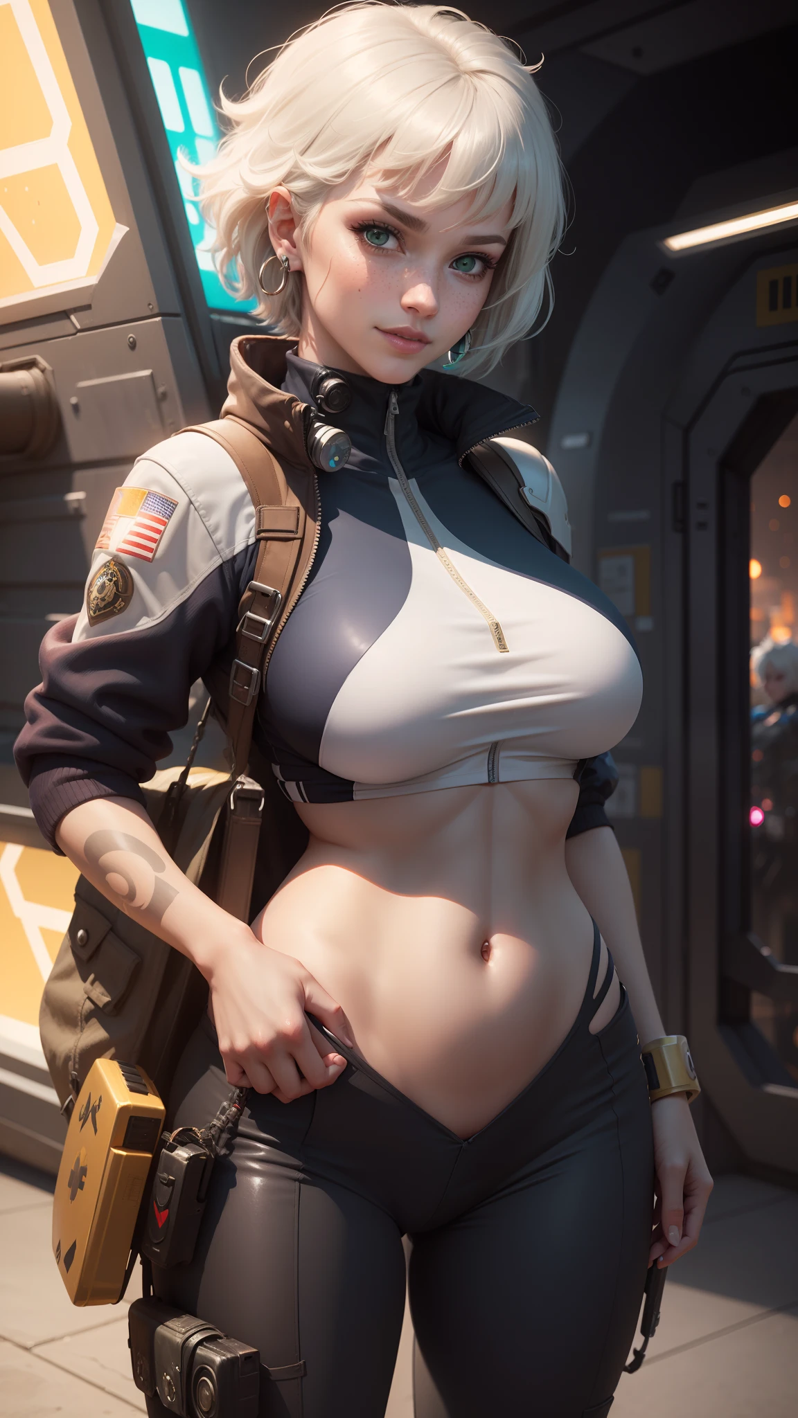 gwen tennyson,tracer,powergirl,y'shtola rhul,close up,atelier ryza,overwatch, mecha pilot,space port,tattoos,orange and silver plugsuit,white short sleeve lycra top,steel cargo pants,uncovered belly,short hair,cute makeup,green eyes,dimensional golden hair,shy smile,freckles,beautiful girl,large breasts,8k,ultra detailed,realistic,fantasy art,saiyan armor,cyborg armor,steel armor,space ship,military uniform,ear piercings,hair pin,super saiyan girl,saiyan female,pilot jacket,