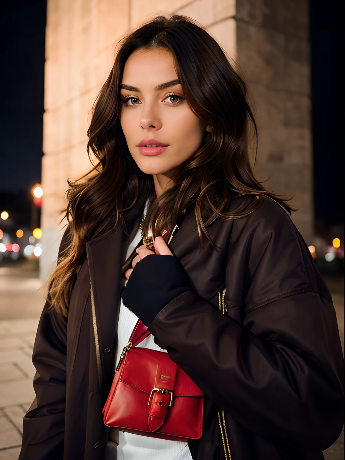 Beautiful brunette with blonde highlights wearing a coat, photorealistic, hyper detailed, beautiful woman, solo, outdoors, (night), looking at viewer, skin texture, film grain, close up, best shadow, RAW, holding a red coloured bag, real bag, vibrant red bag, posing