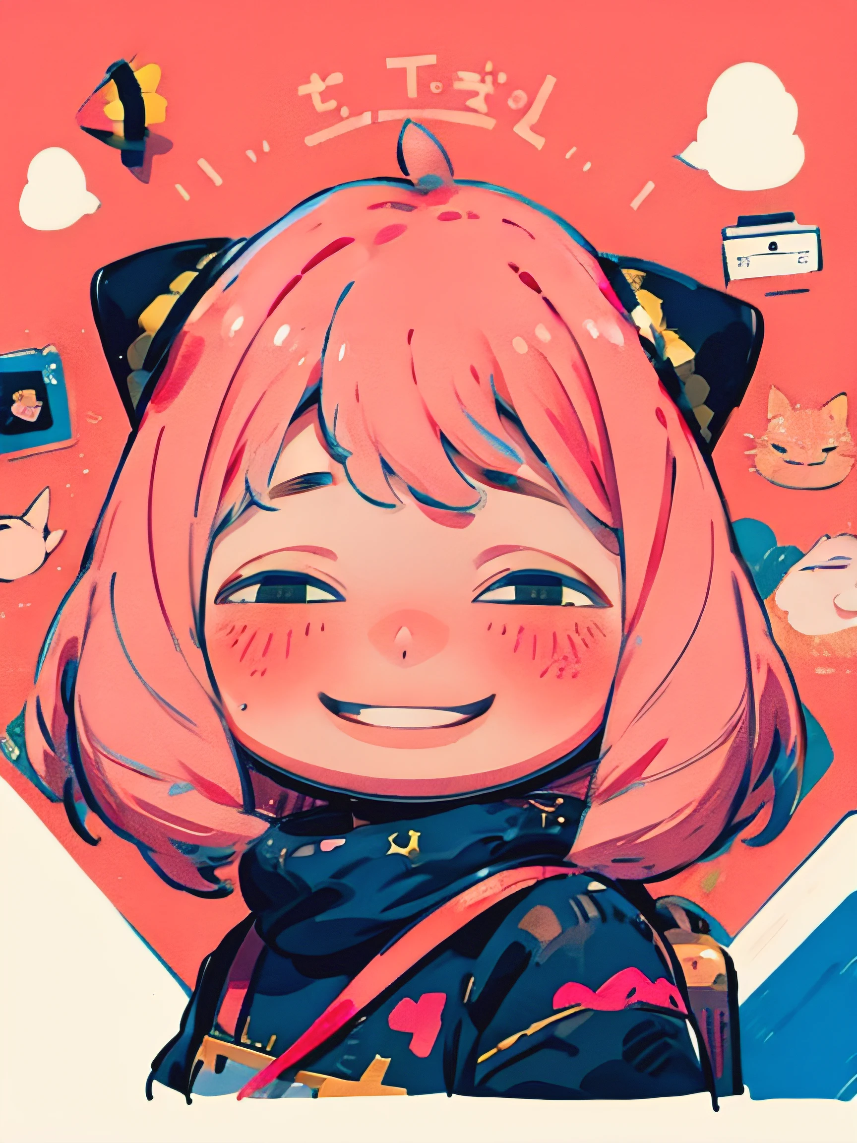 1Anya Forger, pink hair, happy, kawaii, child, doodles, front view, smile, blush, non repat,