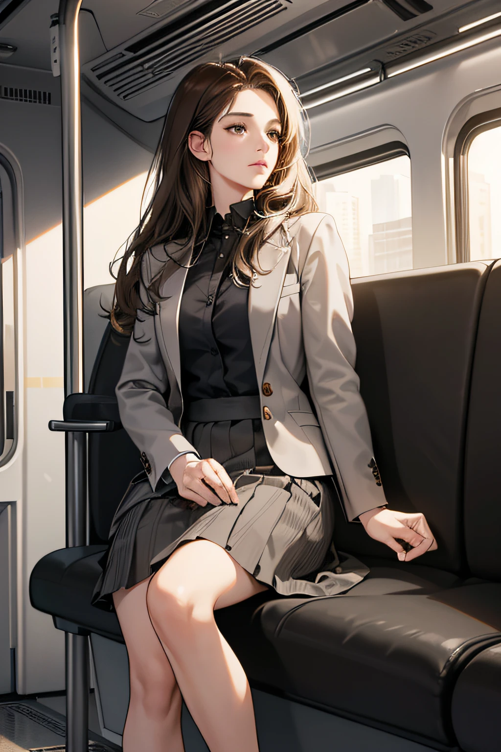 (best quality digital art, high resolution 4K digital illustration, Beautiful image, hyper-detailed image, perfect lines, soft lighting, wallpaper) (1:1 photorealistic) (cool gray colors hdr) a 31 year old woman, brown hair, brown eyes, tired expression, formal wear suit and skirt, sitting in a subway car