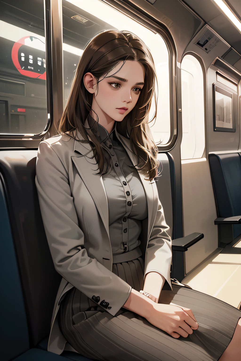 (best quality digital art, high resolution 4K digital illustration, Beautiful image, hyper-detailed image, perfect lines, soft lighting, wallpaper) (1:1 photorealistic) (cool gray colors hdr) a 31 year old woman, brown hair, brown eyes, tired expression, formal wear suit and skirt, sitting in a subway car