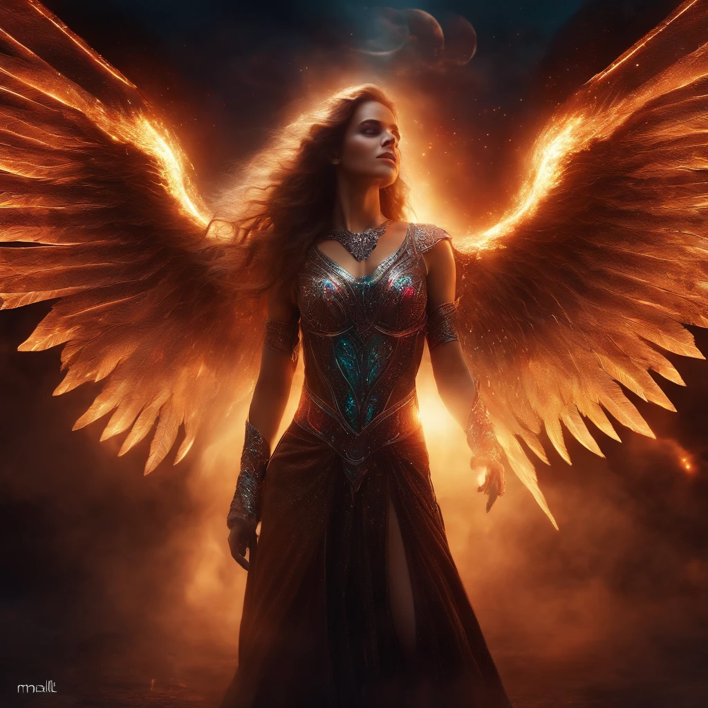 sexy female Cosmic Fallen Angel, glowing light eyes, Biomechanical, eerie, Creepy, nightmarish, Very bright colors, Light particles, with light glowing, Mshiff, wallpaper art, UHD wallpaper, anakil skywalker, 15 years, medieval clothes