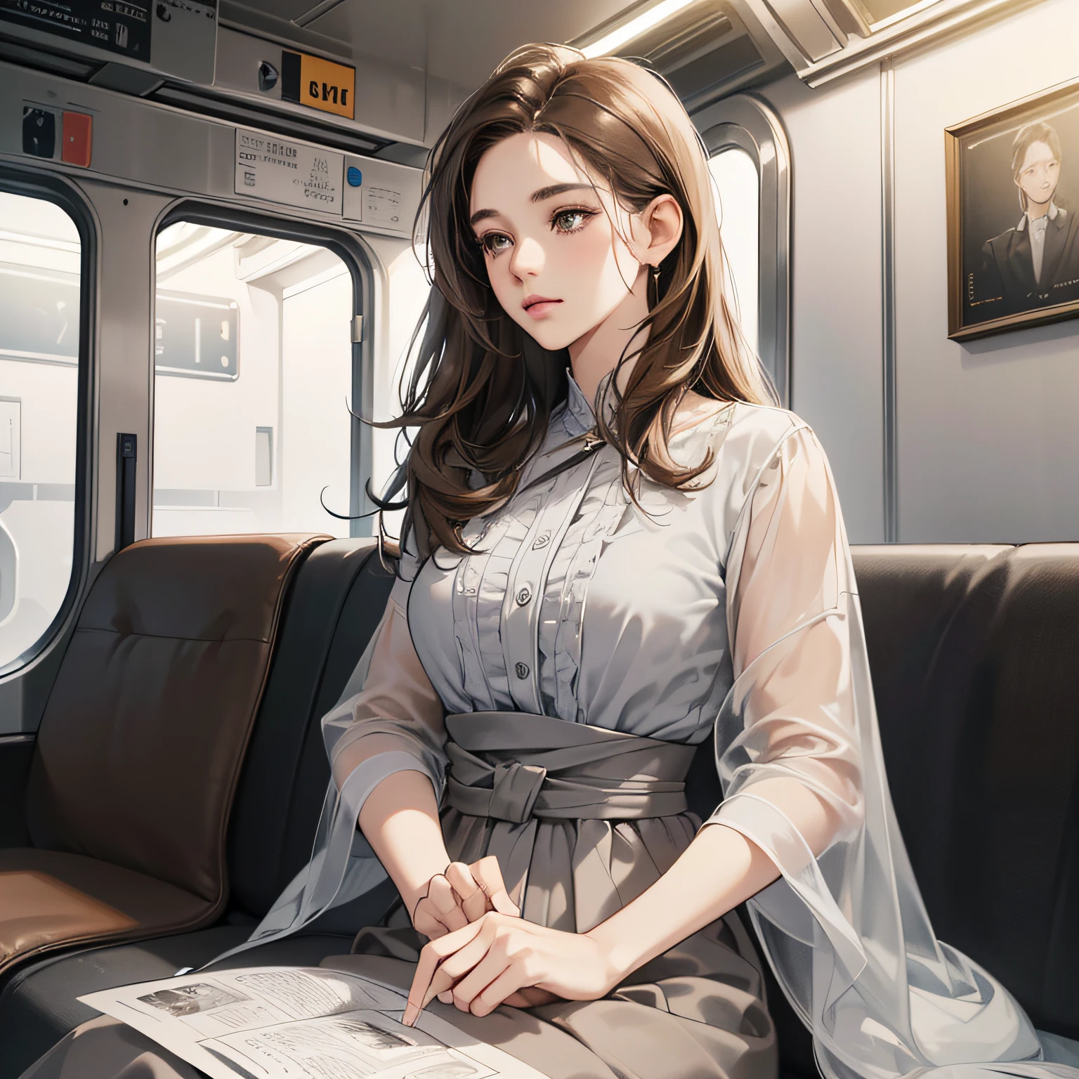 (best quality digital art, high resolution 4K digital illustration, Beautiful image, hyper-detailed image, perfect lines, soft lighting, wallpaper) (1:1 photorealistic) (cool gray colors hdr) a 31 year old woman, brown hair, brown eyes, tired expression, wearing formal clothes, sitting in a subway car