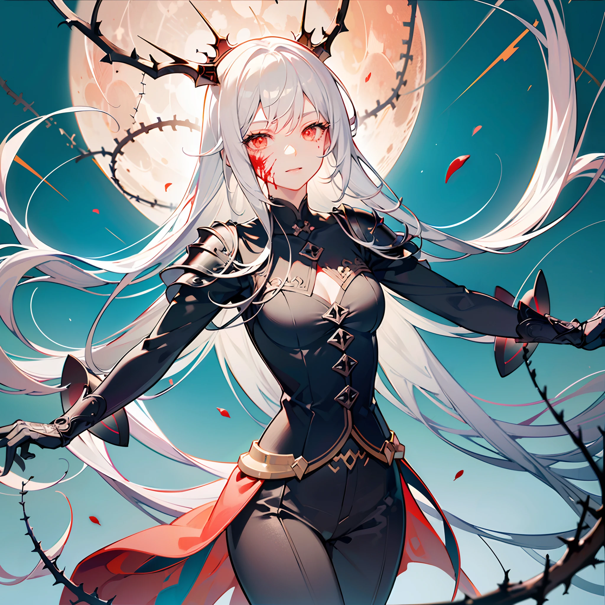hyper HD, retinas, Anatomically correct, Textured skin, Super detail, Best quality, A high resolution(细腻细致), (Intricate details), (Cinematic light, 最优质的背光), 清晰的线条,(Facial focus) ,Very detailed CG unity 8K wallpaper,hugefilesize,ultra - detailed,A high resolution,absurderes,beautidful eyes,Ray traching,dramatic shadow,finely detailled,Dramatic angles,Hyper-detailing,(1 girl:1.3),(Solo),s girl,Platinum blonde hair,Vampires,(Scarlet eyes:1.3),Clean face,There is a black cloak on the back,(Blood-red crown of thorns:1.3)+(Black shirt,Gray equestrian pants：1.3)+(The costume has red decoration)+(//Knight hand armor:1.3//),(groin：1.3),(atheletic body:1.2),(Nightmare night:1.3)+(red full moon:1.3)+(Stand on the canyon)+[(Inception:1.2)],fantasy world character