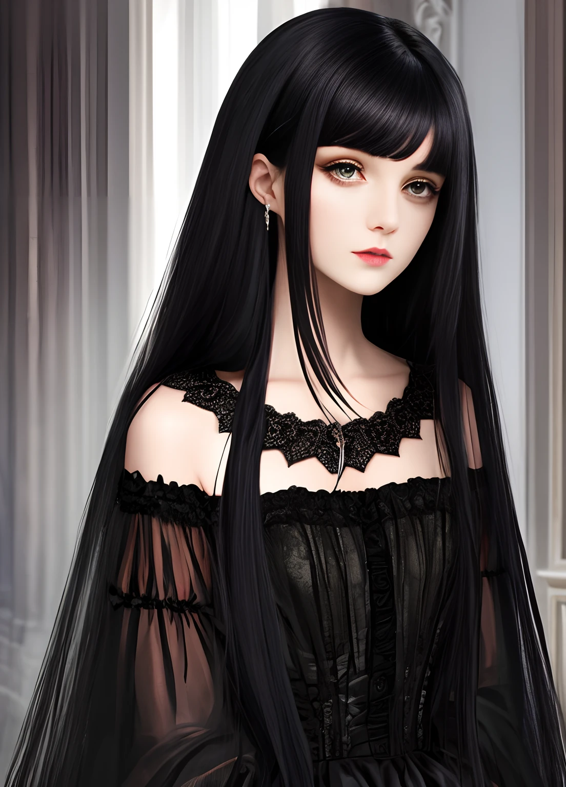 Top quality masterpiece illustrations、Black hair and black eyes、Wearing multiple necklaces、Wearing earrings、Little girl in black and white fancy dress looking up、Cute and elegant face with long hair in the upward view. The angle of the lower body is fair.、More hair details、