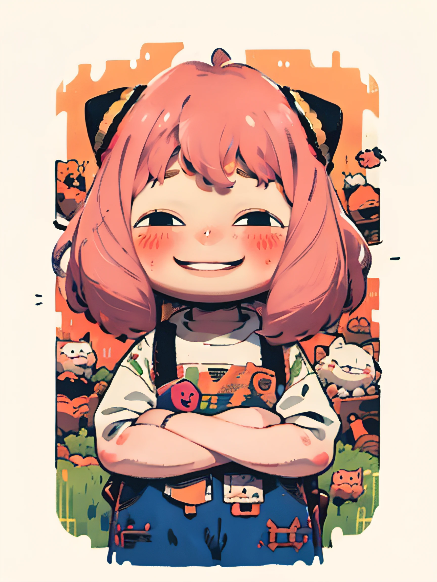 1Anya Forger, pink hair, happy, kawaii, , doodles, front view, smile, blush, non repeat.