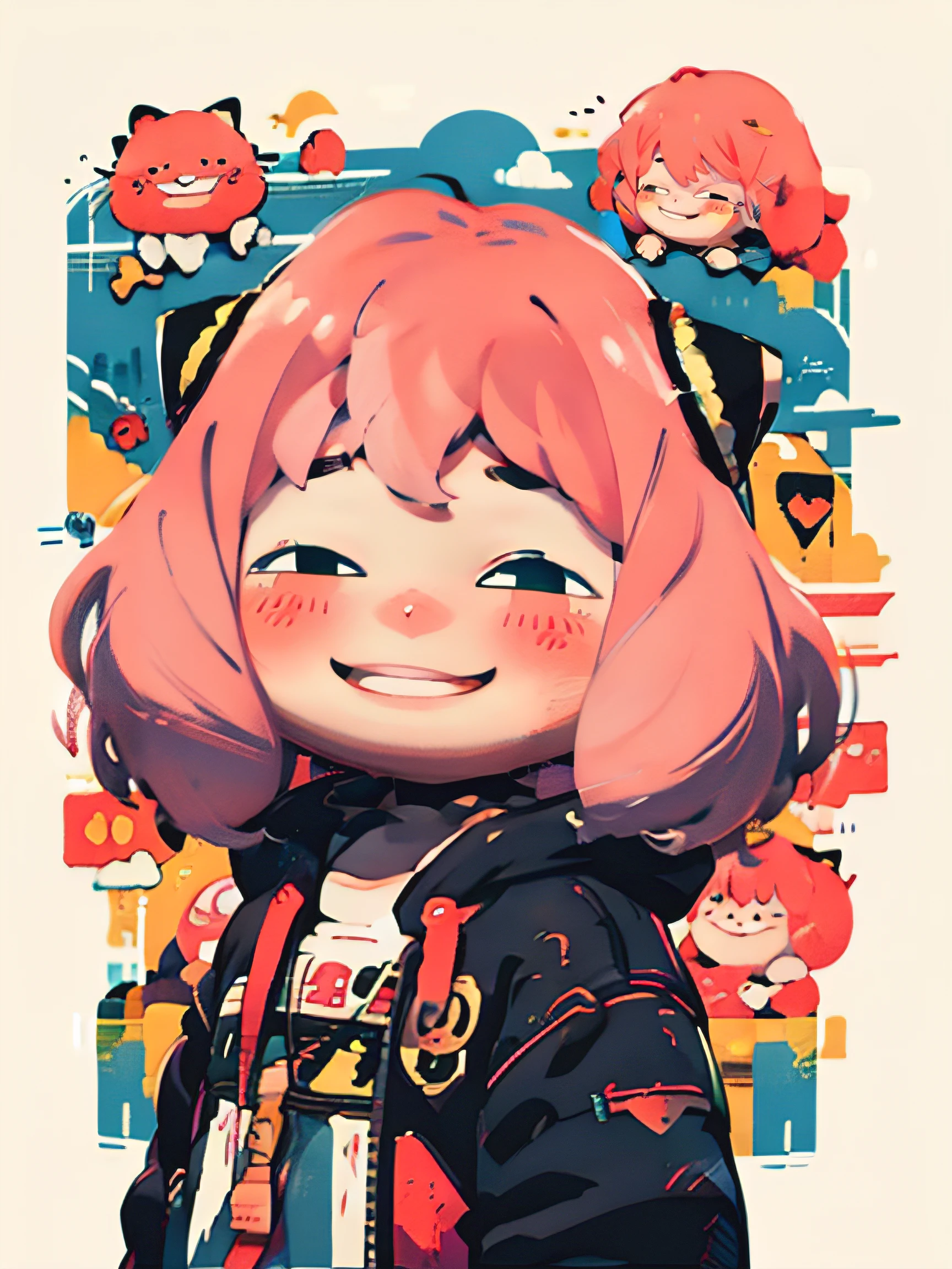 1Anya Forger, pink hair, happy, kawaii, child, doodles, front view, smile, blush, non repeat.