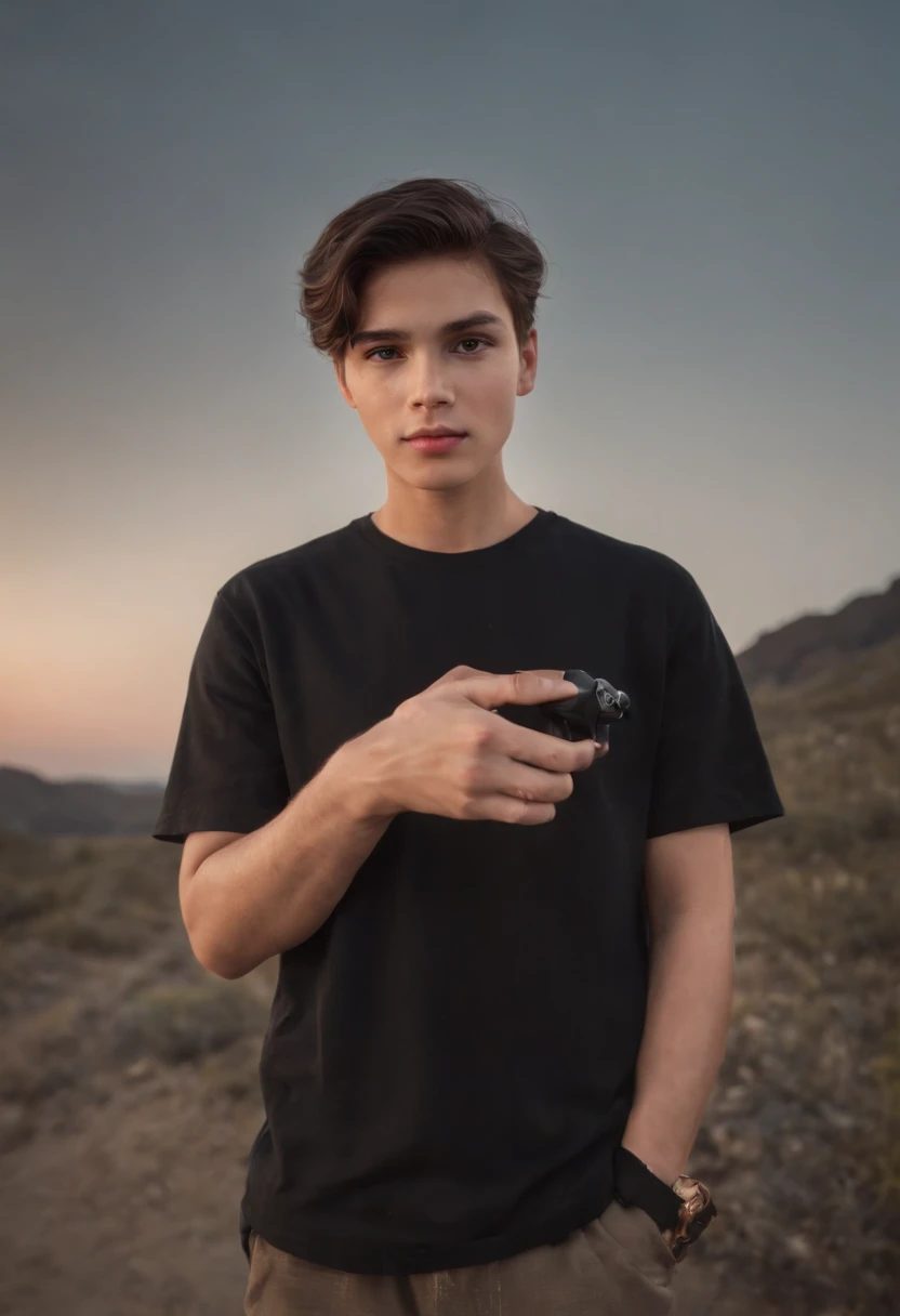 jovem adolescente, com cabelos pretos,com brinco na orelha, Wearing a black t-shirt, a spade in his hands. The illustration is in high definition in 4k resolution, com recursos faciais altamente detalhados e visuais em estilo cartoon