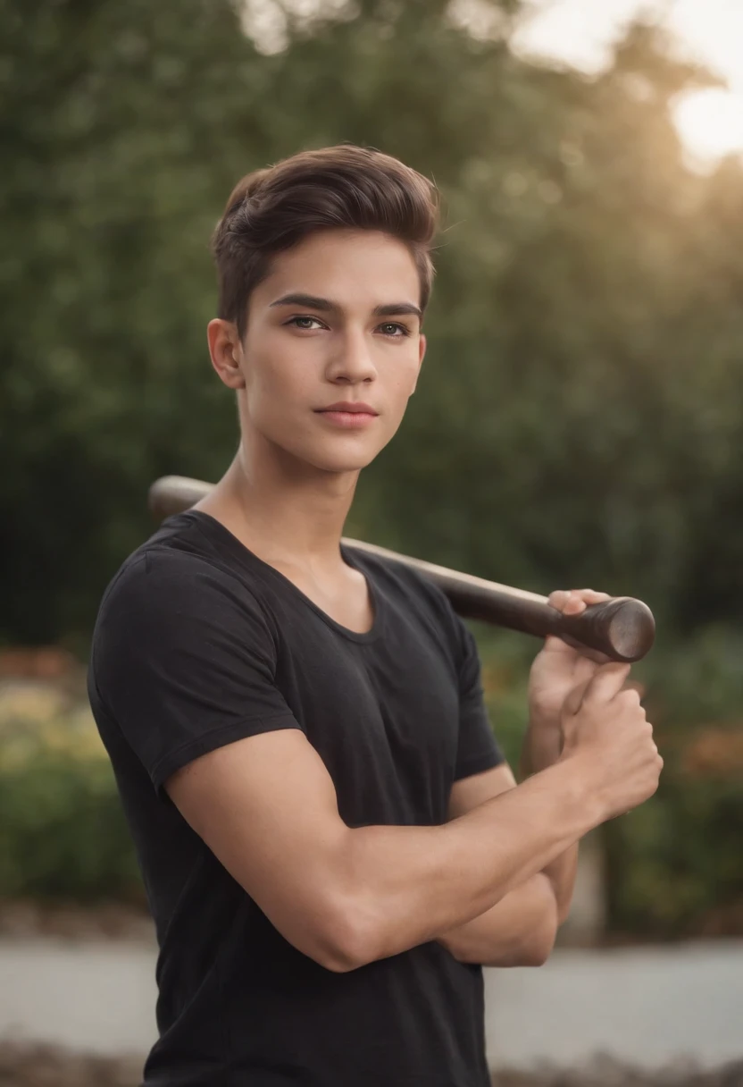 jovem adolescente, com cabelos pretos,com brinco na orelha, Wearing a black t-shirt, a spade in his hands. The illustration is in high definition in 4k resolution, com recursos faciais altamente detalhados e visuais em estilo cartoon