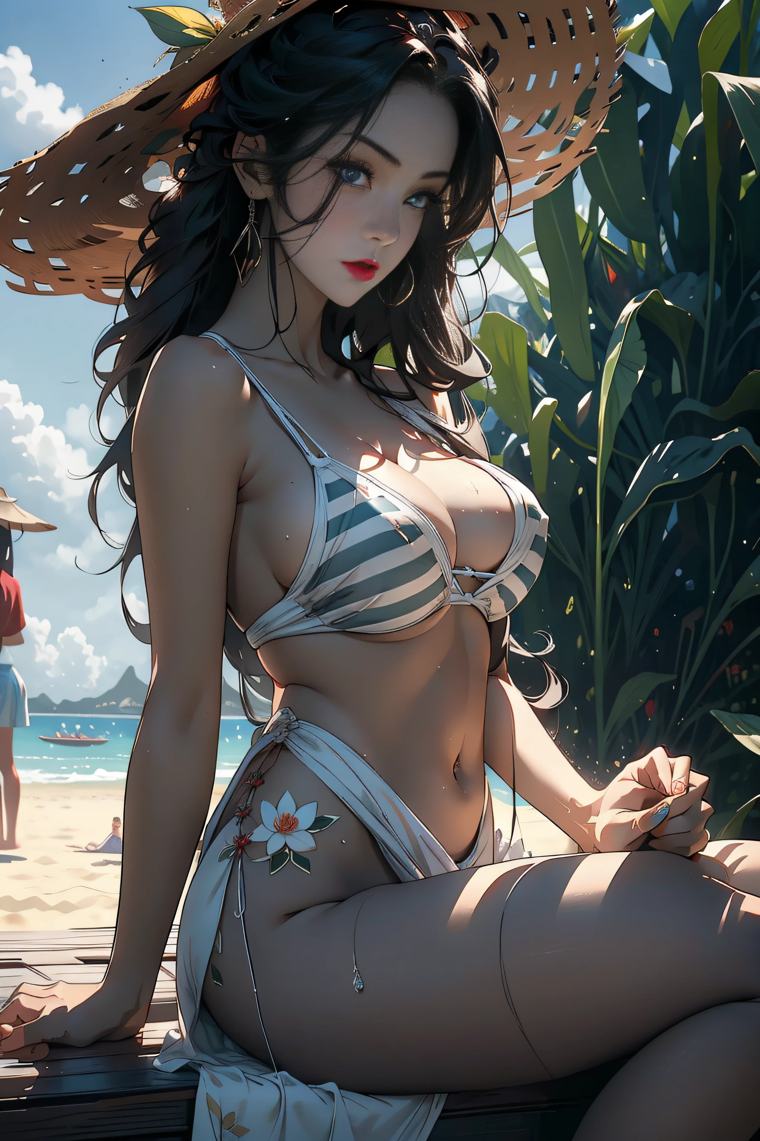 1female,Lay on a beach chair,The left leg is bent,The right leg is straight,Hold the juice,A lot of sweat,The complexion is reddish,Married Woman,A MILF,熟妇,A MILF,mature,extremely large bosom,(Background with:surfing,the cherry trees,lotus flower) She has long black hair,bobo head,seen from the front,mostly cloudy sky,(((tmasterpiece),(Very detailed CG unity 8K wallpaper),best qualtiy,cinmatic lighting,detailed back ground,beatiful detailed eyes,Bright pupils,Blue eyes,Snow-whiteskin,Redlip(Very fine and beautiful),(Beautiful and detailed eye description),ultra - detailed,tmasterpiece,))facing at camera,A high resolution,ultra - detailed),revealing breasts,Bare genitalia, Bulge,Raised sexy,Camel toes,Angry,frontage,Beach wind(Wearing : Green striped bikini,sun glasses,Straw Hat Hat)Look up at the camera,fully body photo,See the feet